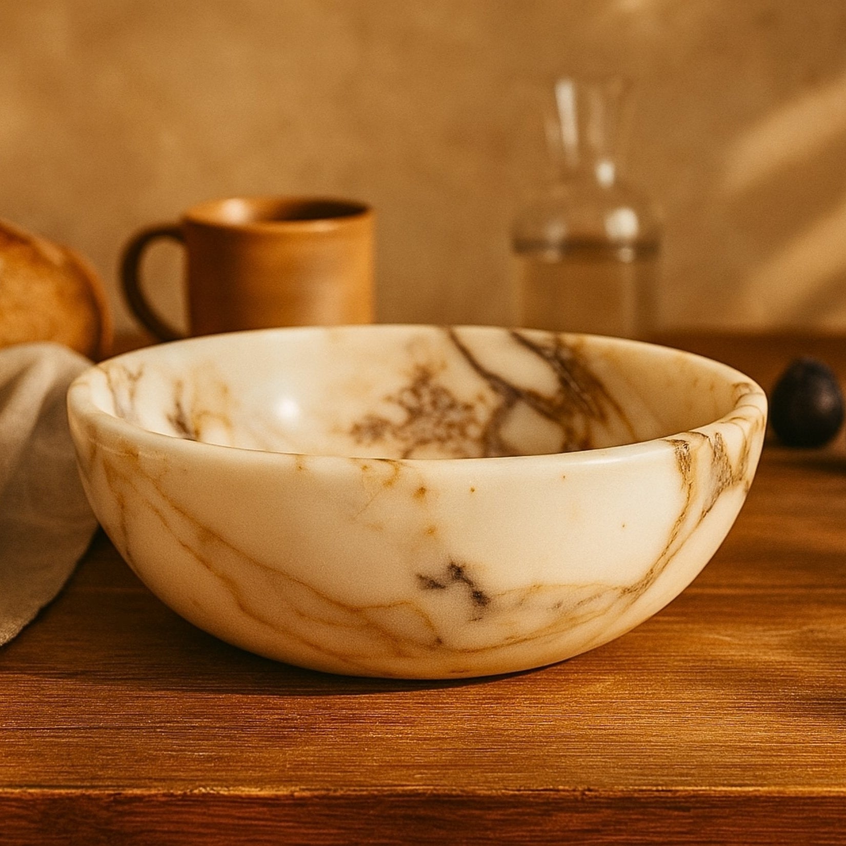 Close-up shot of Calacatta Viola marble bowl revealing intricate natural veins and polished stone texture for a refined artisan look.