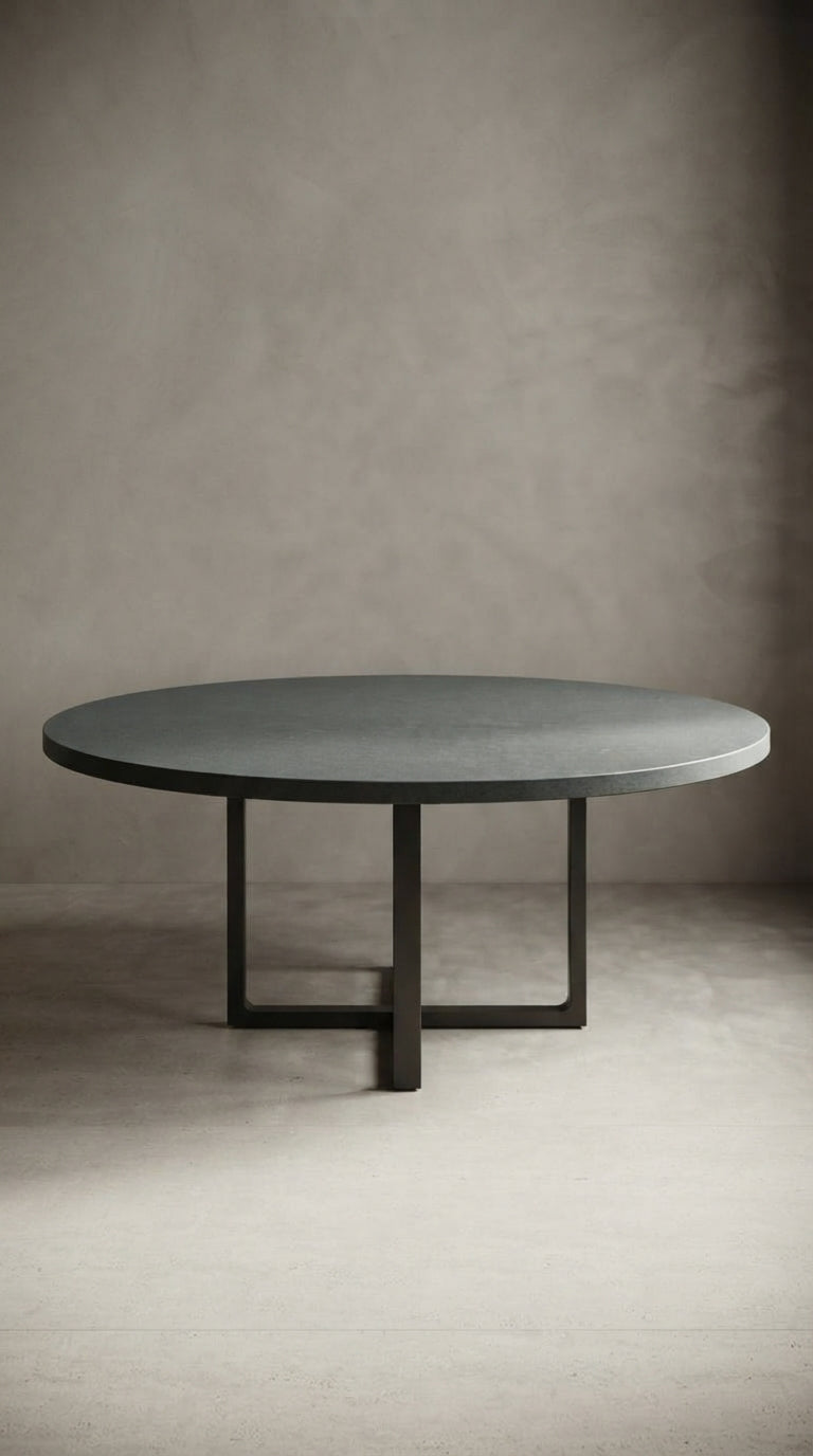 Full profile view of a 160 cm round Pietra di Cardoso Grigio porcelain tabletop on a minimal dark base
