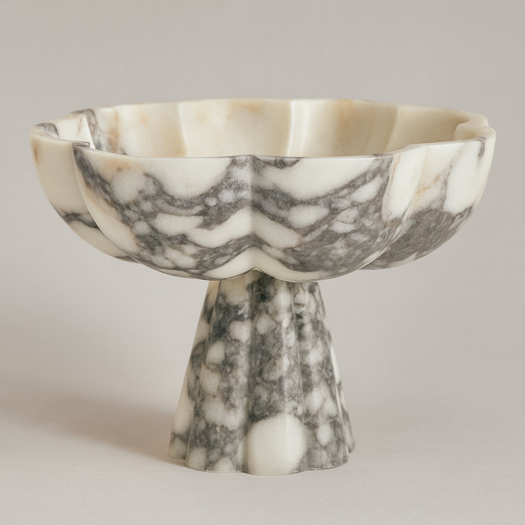 Calacatta Viola marble pedestal bowl, hand-carved centerpiece with violet veining