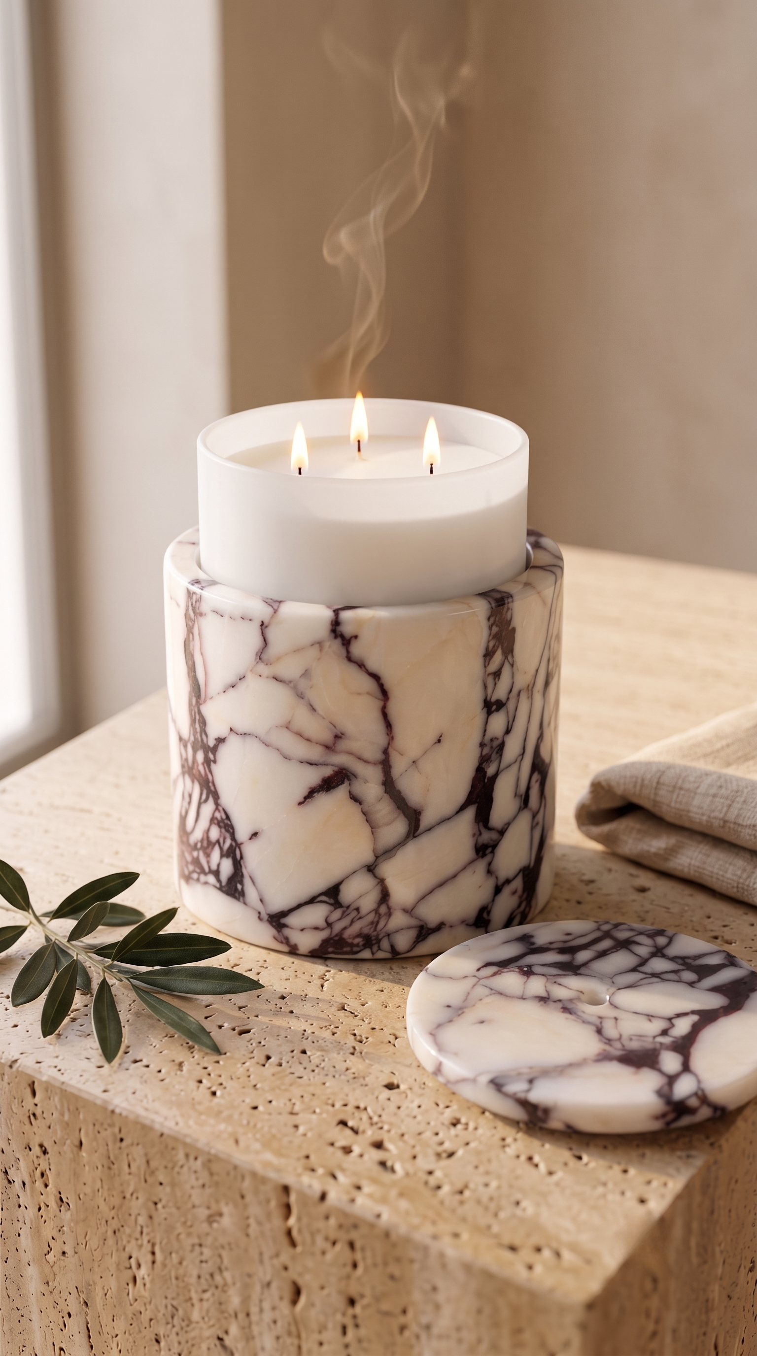 Reusable marble candle holder with luxury candle placed inside in a modern home.