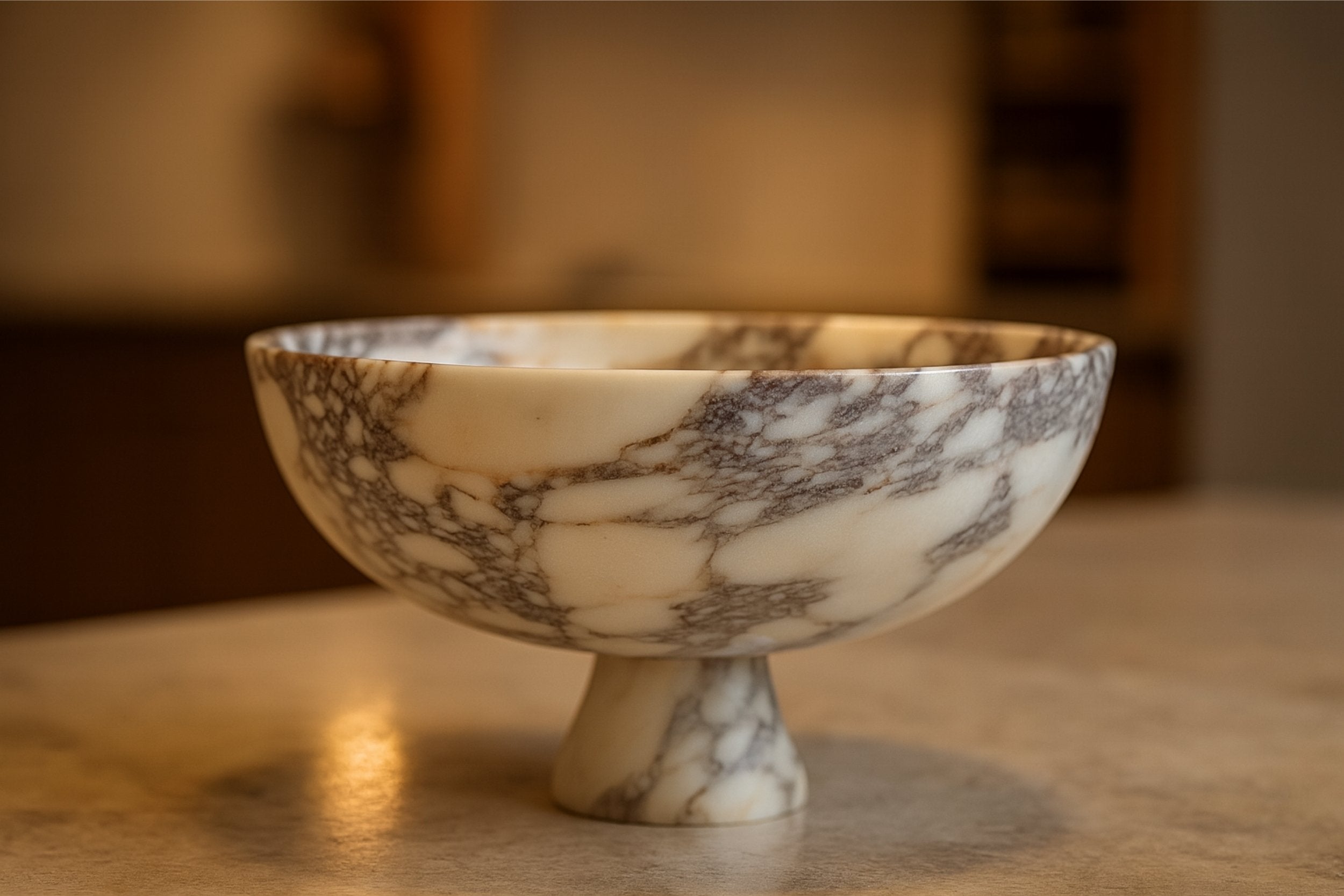 Warm ambient shot of Calacatta Viola marble bowl on a table – timeless handmade centerpiece by Petra Vera.