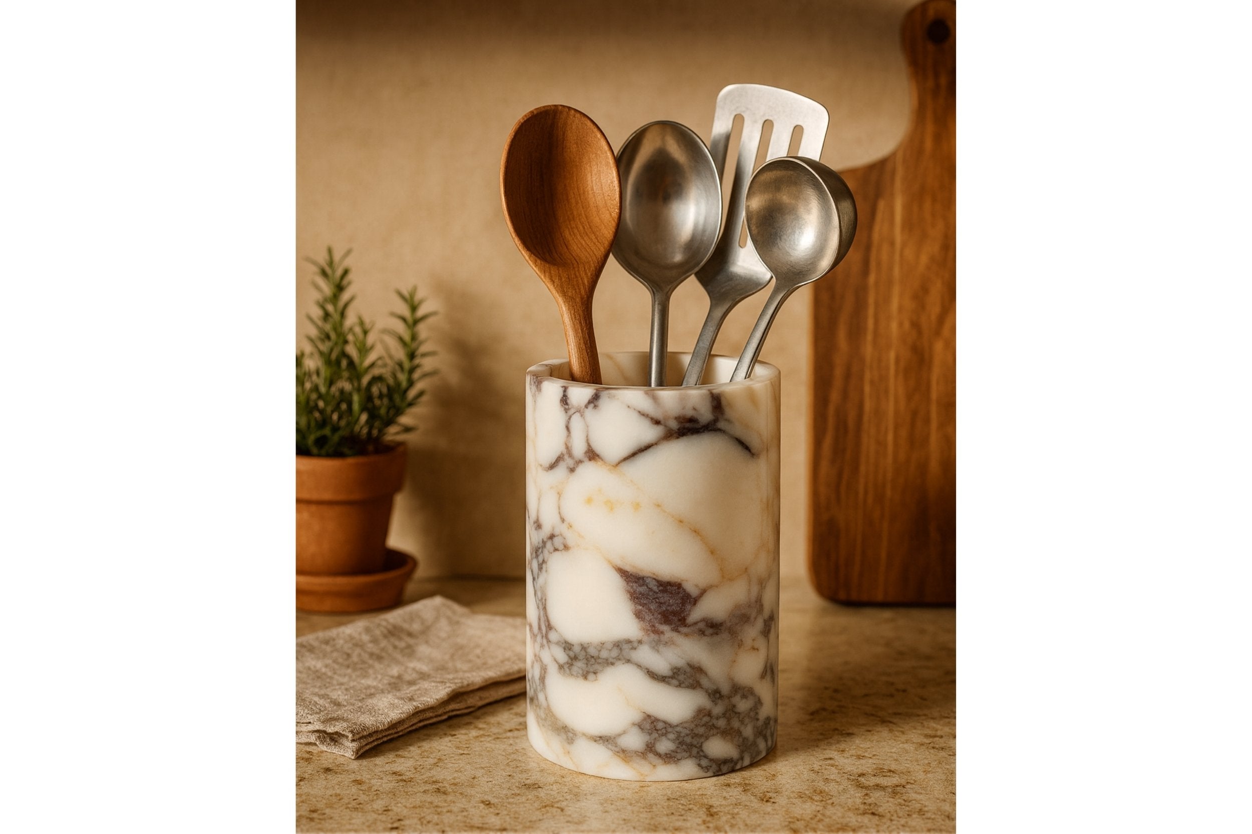 Calacatta Viola marble utensil crock styled on a cozy kitchen counter with wooden utensils and soft warm lighting