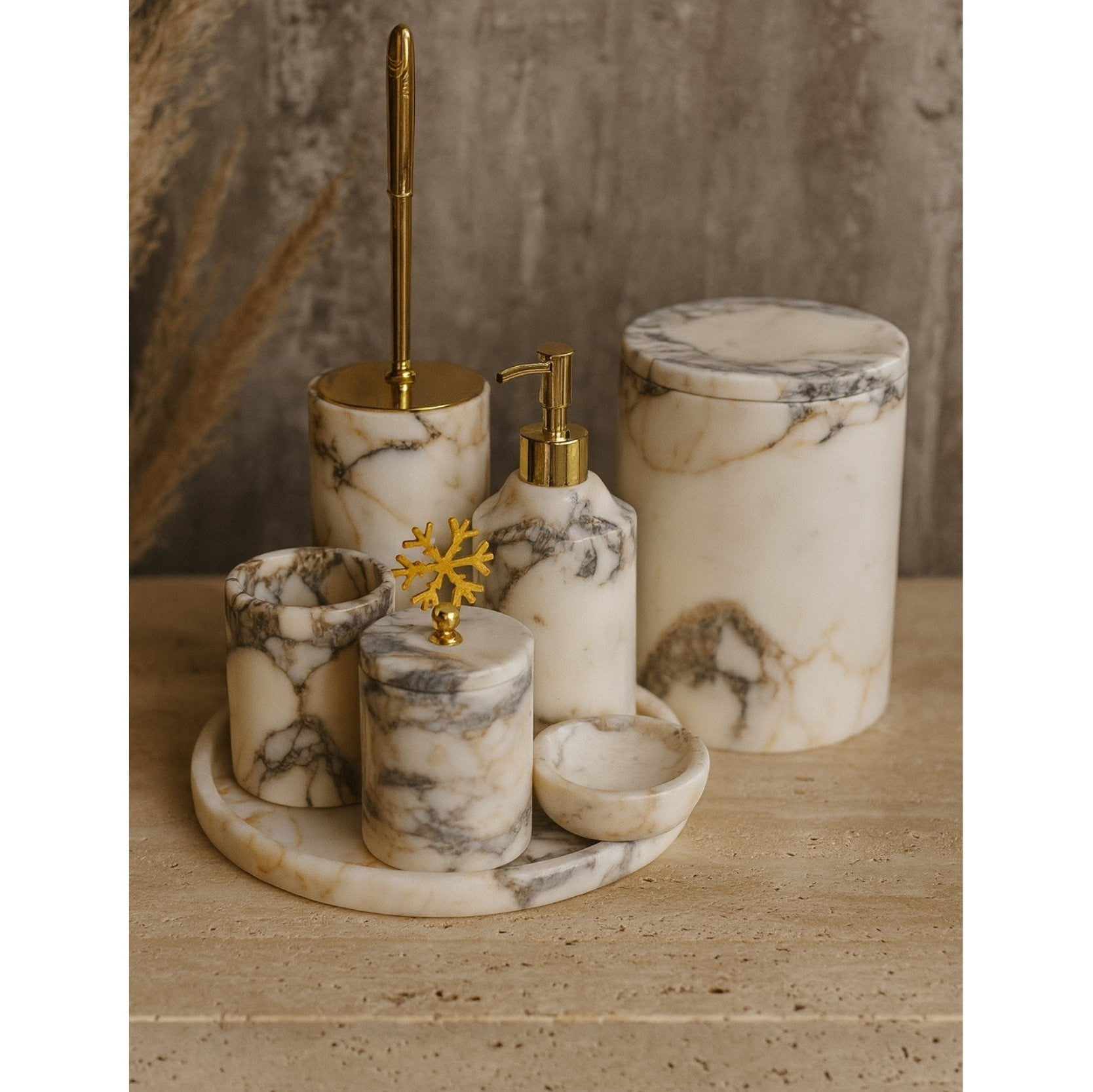 “Luxury Calacatta Viola marble bathroom set styled on beige background with warm light”