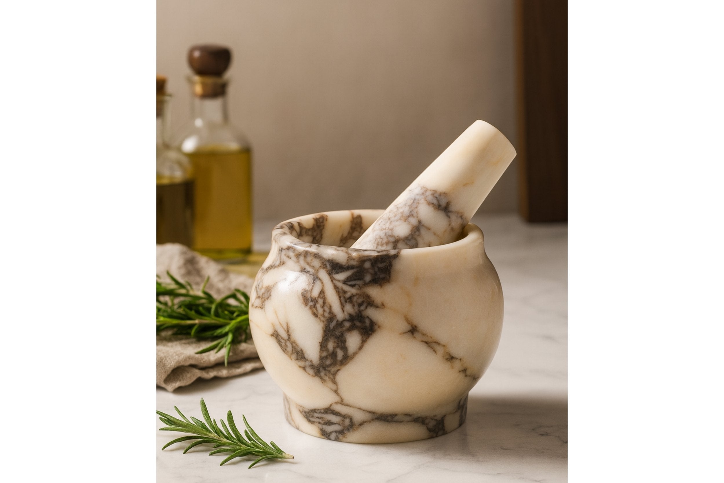 Marble mortar and pestle styled on kitchen counter with rosemary and olive oil, timeless Italian elegance by Petra Vera.