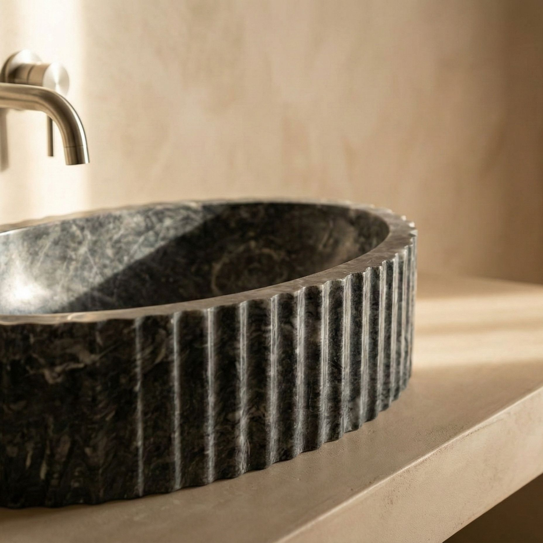 Modern bathroom vanity with fluted marble vessel sink natural stone basin