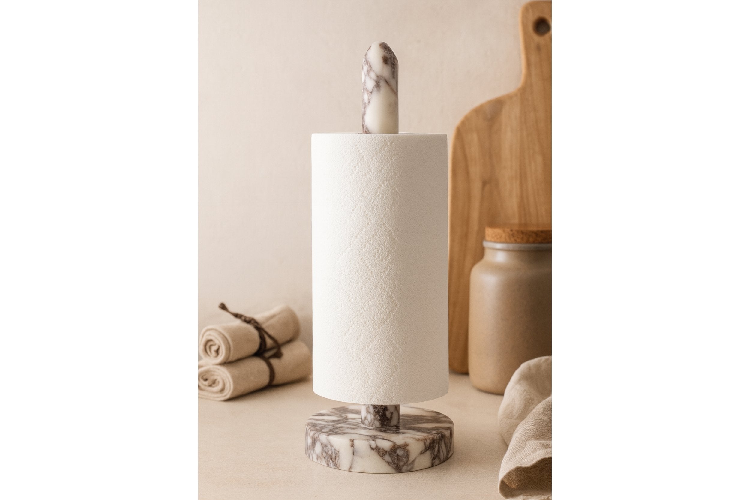 Calacatta Viola marble paper towel holder with paper roll – elegant kitchen setting