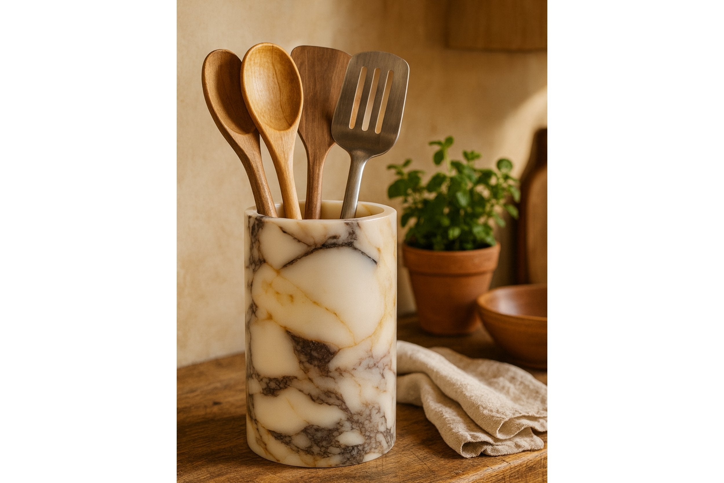 Handmade marble utensil holder displayed on wooden counter with natural kitchen elements and rustic decor