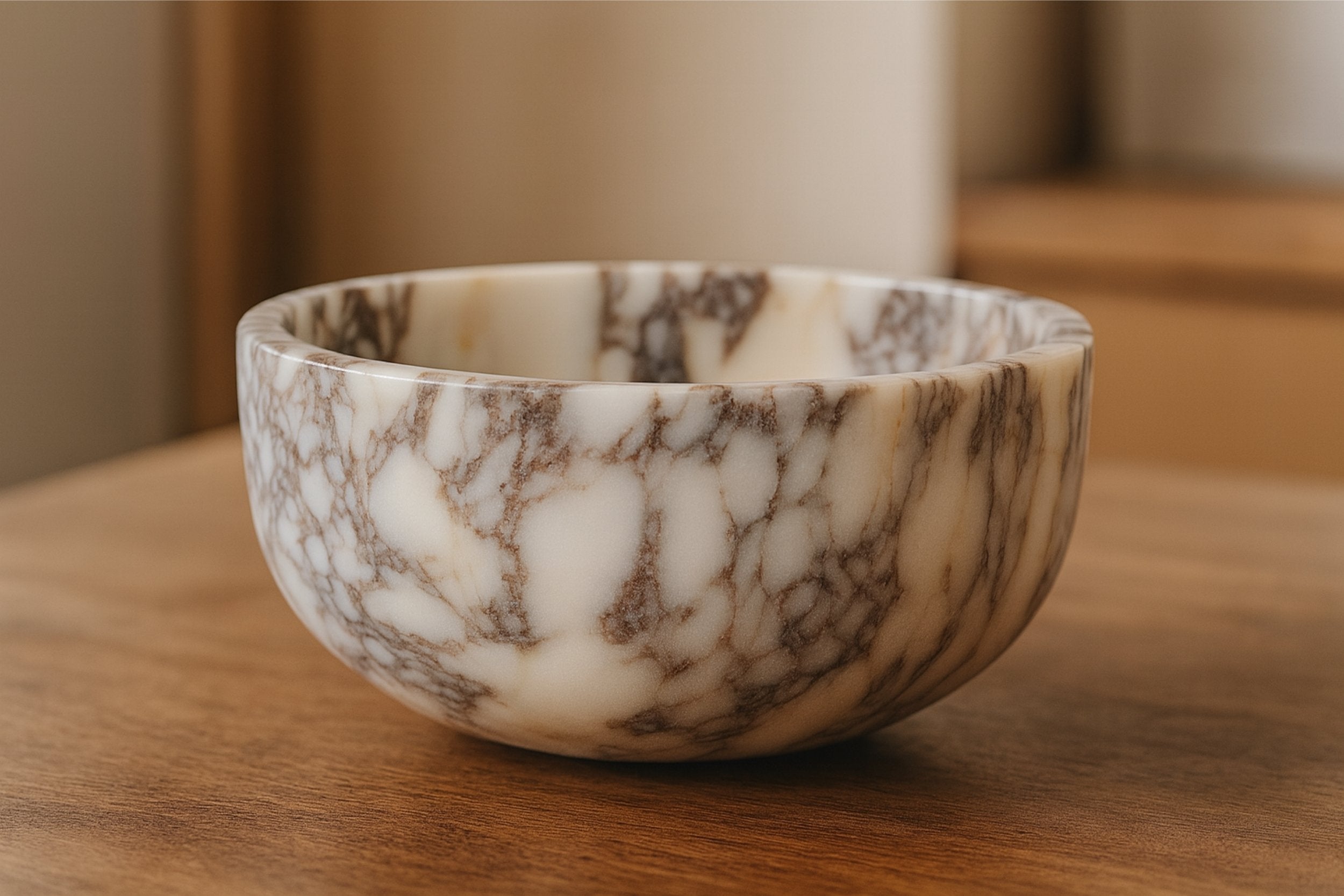 Handcrafted Calacatta Viola marble bowl on warm wooden countertop in soft architectural lighting.
