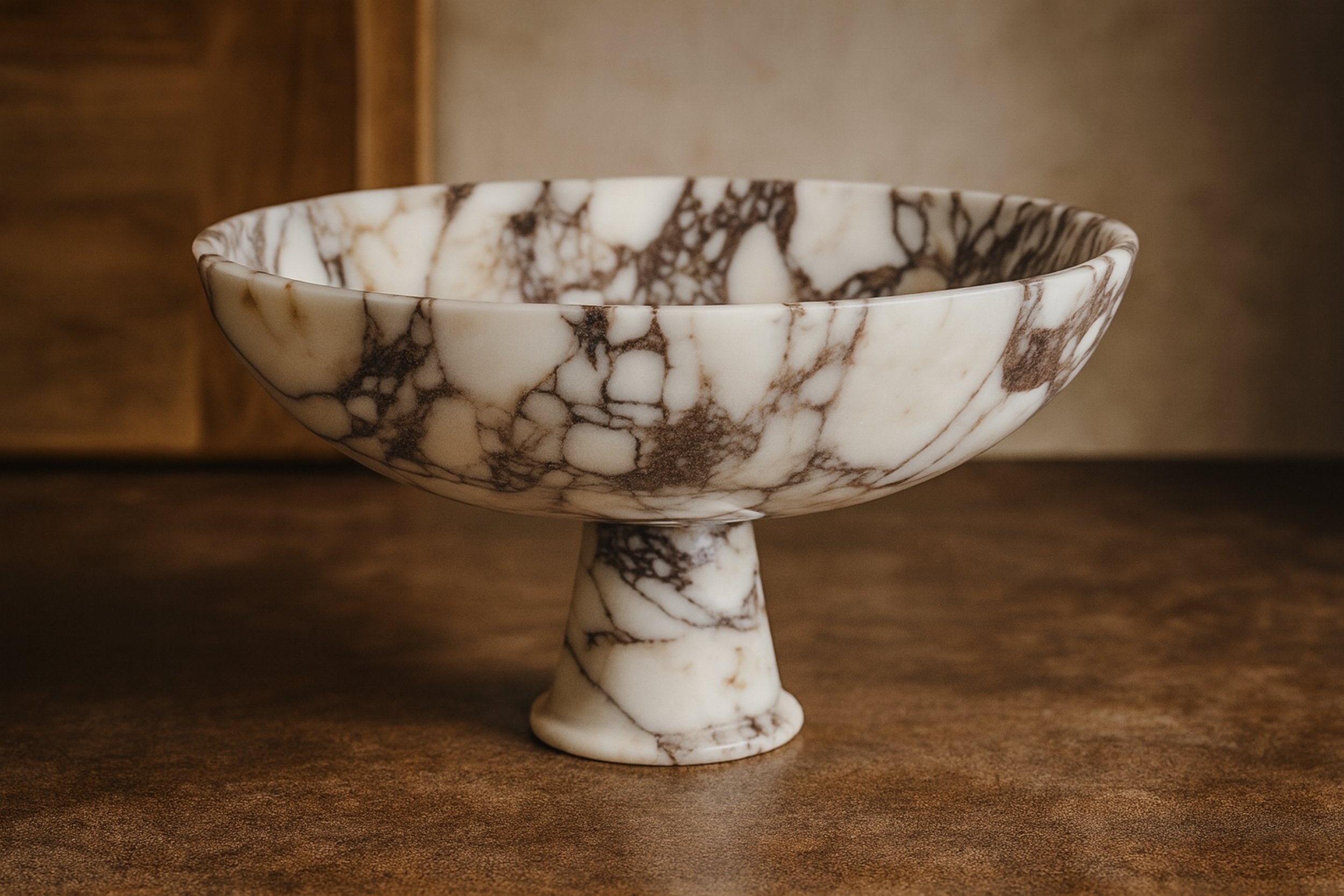 Elegant Calacatta Viola marble bowl on warm-toned surface with soft ambient lighting.