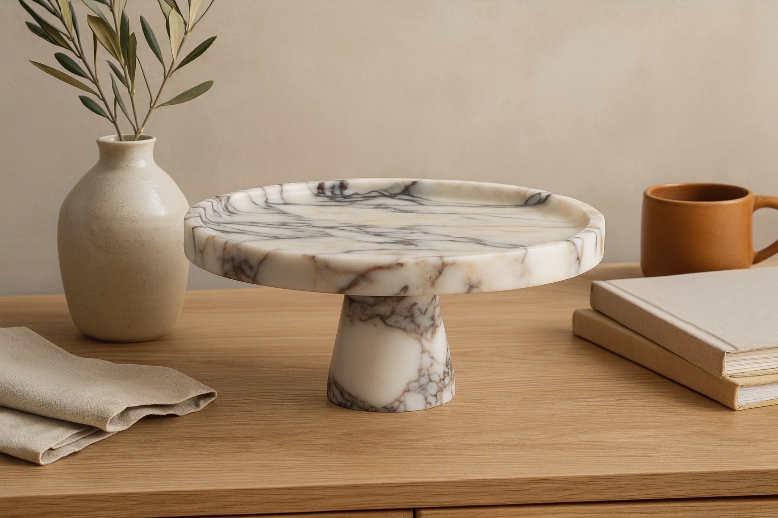 Calacatta Viola marble pedestal bowl on neutral linen runner with Scandinavian decor style