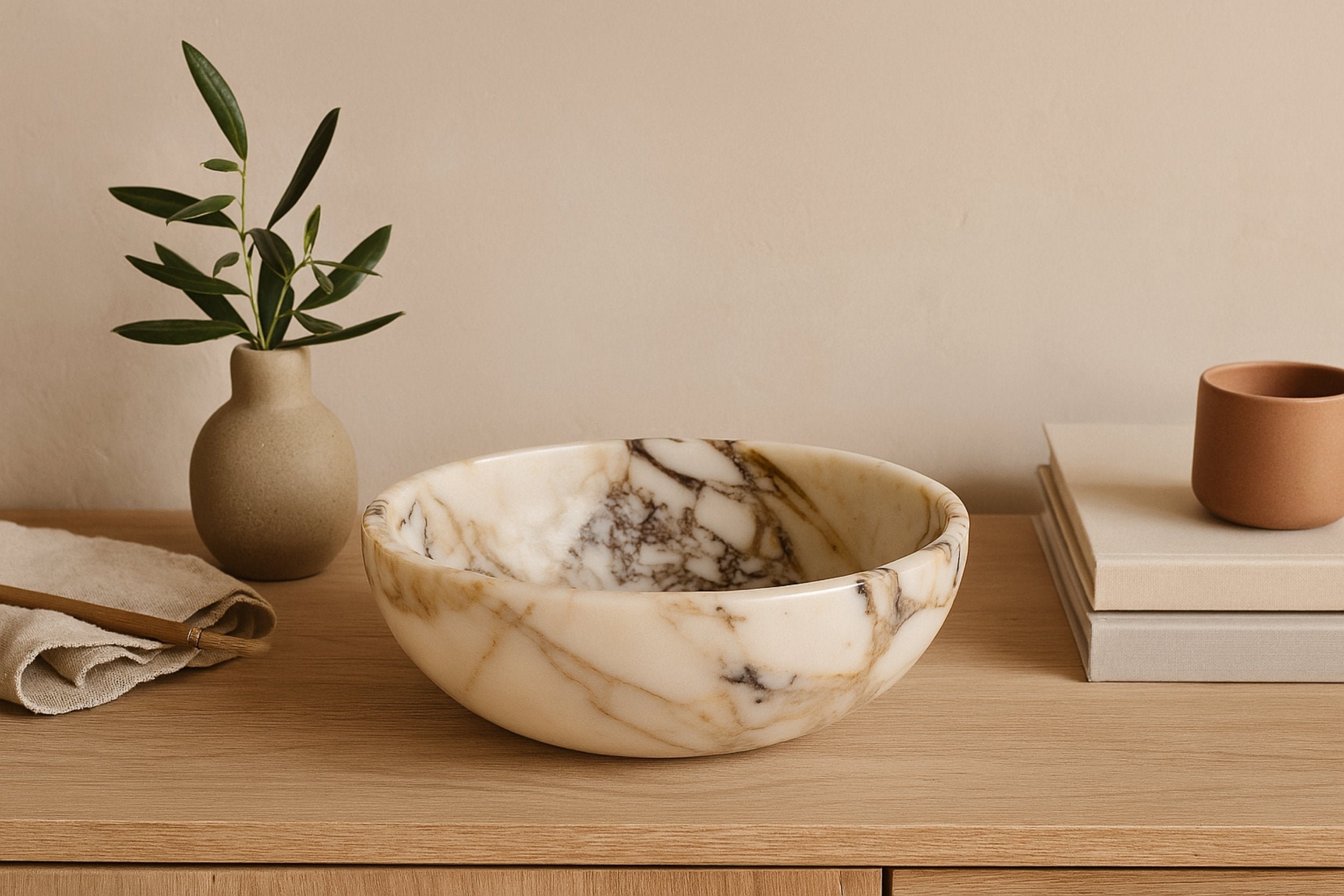 Handcrafted Calacatta Viola marble bowl displayed in a minimalist home setting beside decor accents, capturing warm natural tones and elegant ambiance.