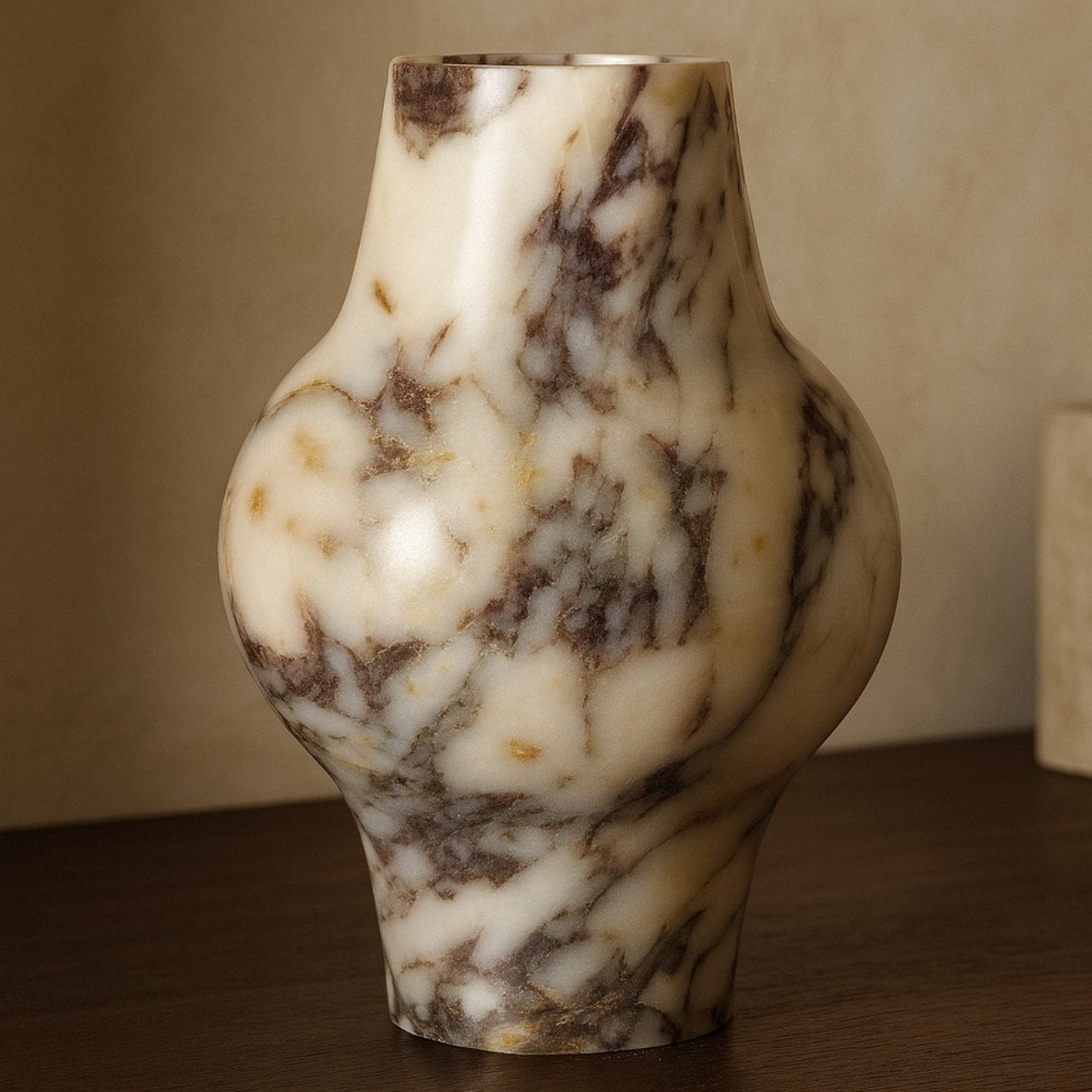 Sculptural marble vase displayed on a wooden console with art books and neutral home décor.