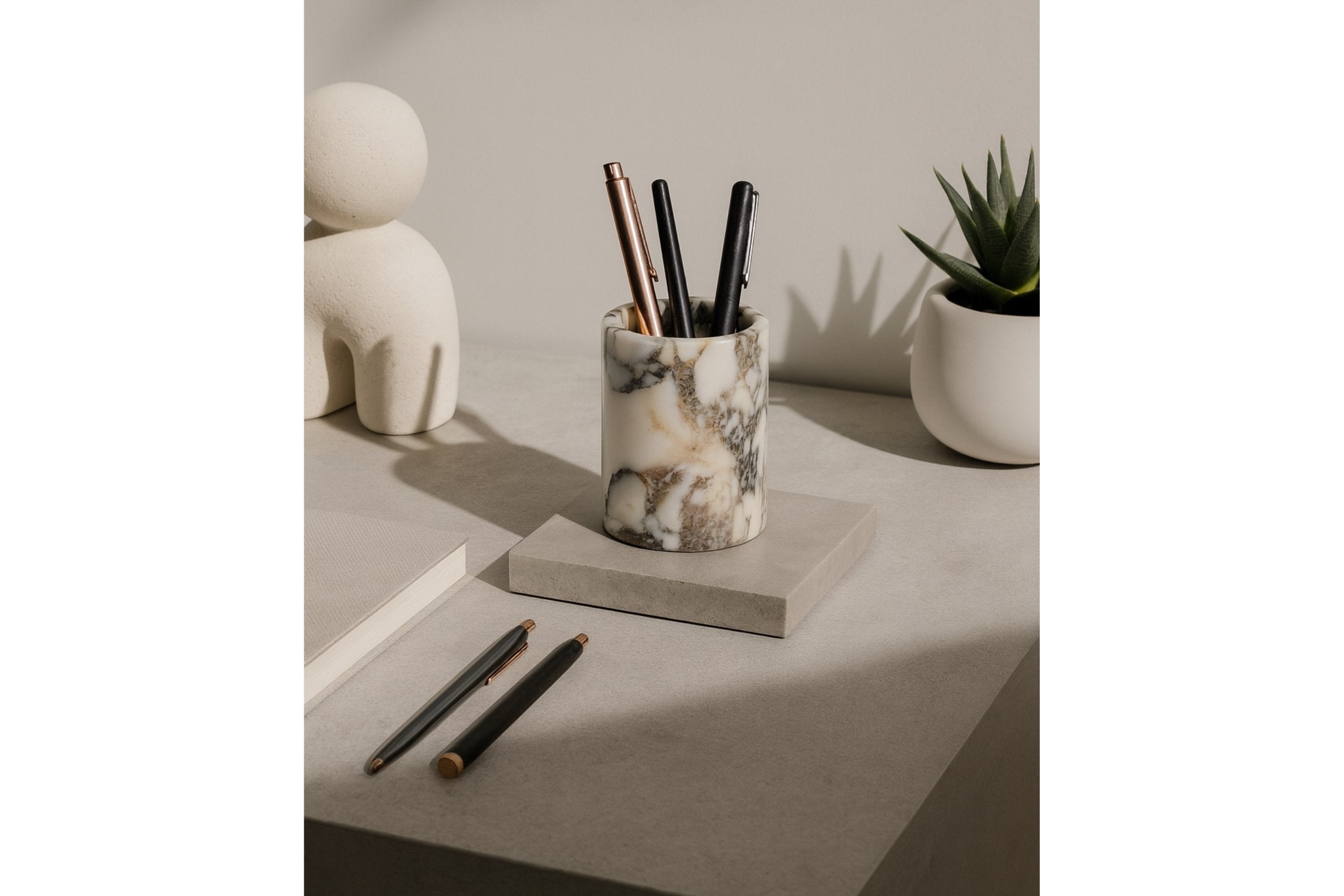 Turkish marble pen holder on minimalist light-toned desk – elegant natural stone décor for modern interiors.
