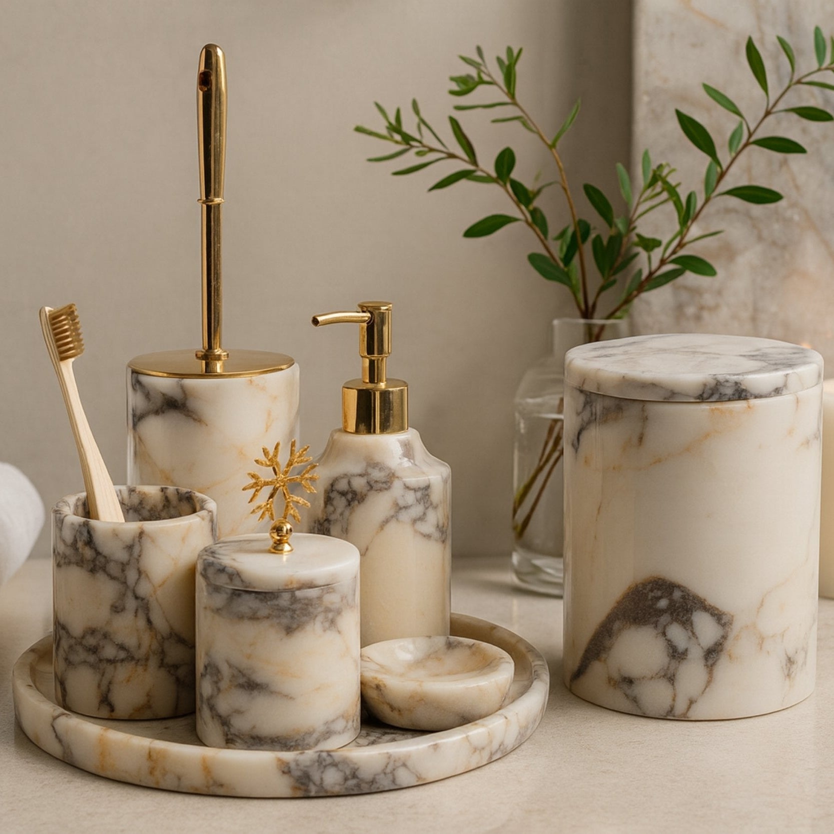 “Petra Vera Calacatta Viola marble bathroom set, 7-piece luxury vanity accessories with gold accents”
