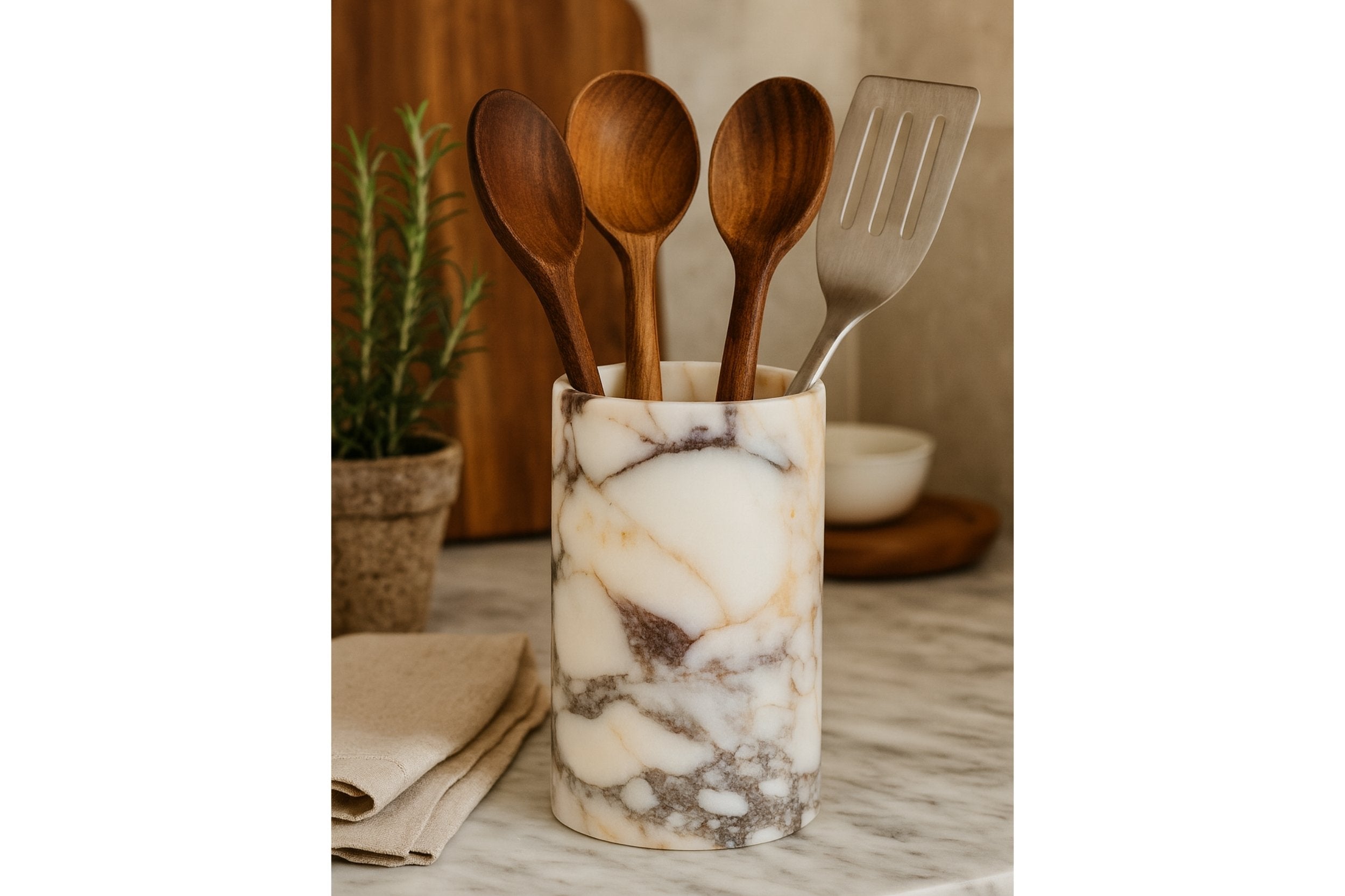 Large marble utensil crock in elegant neutral kitchen setting with beige tones and soft shadows