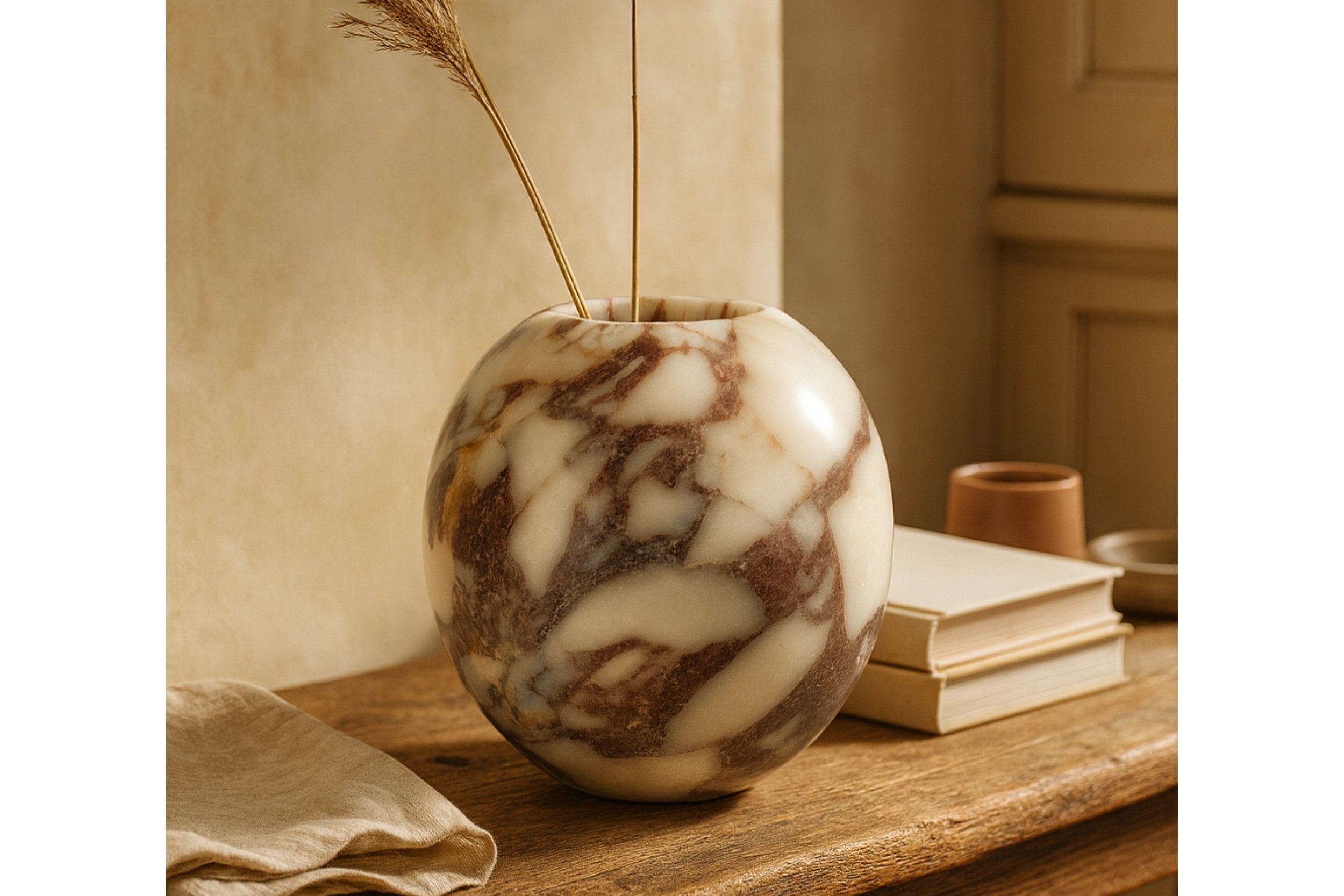 Calacatta Viola marble vase with dried pampas decor on a rustic wooden table, warm ambient tones, luxury handcrafted homeware.