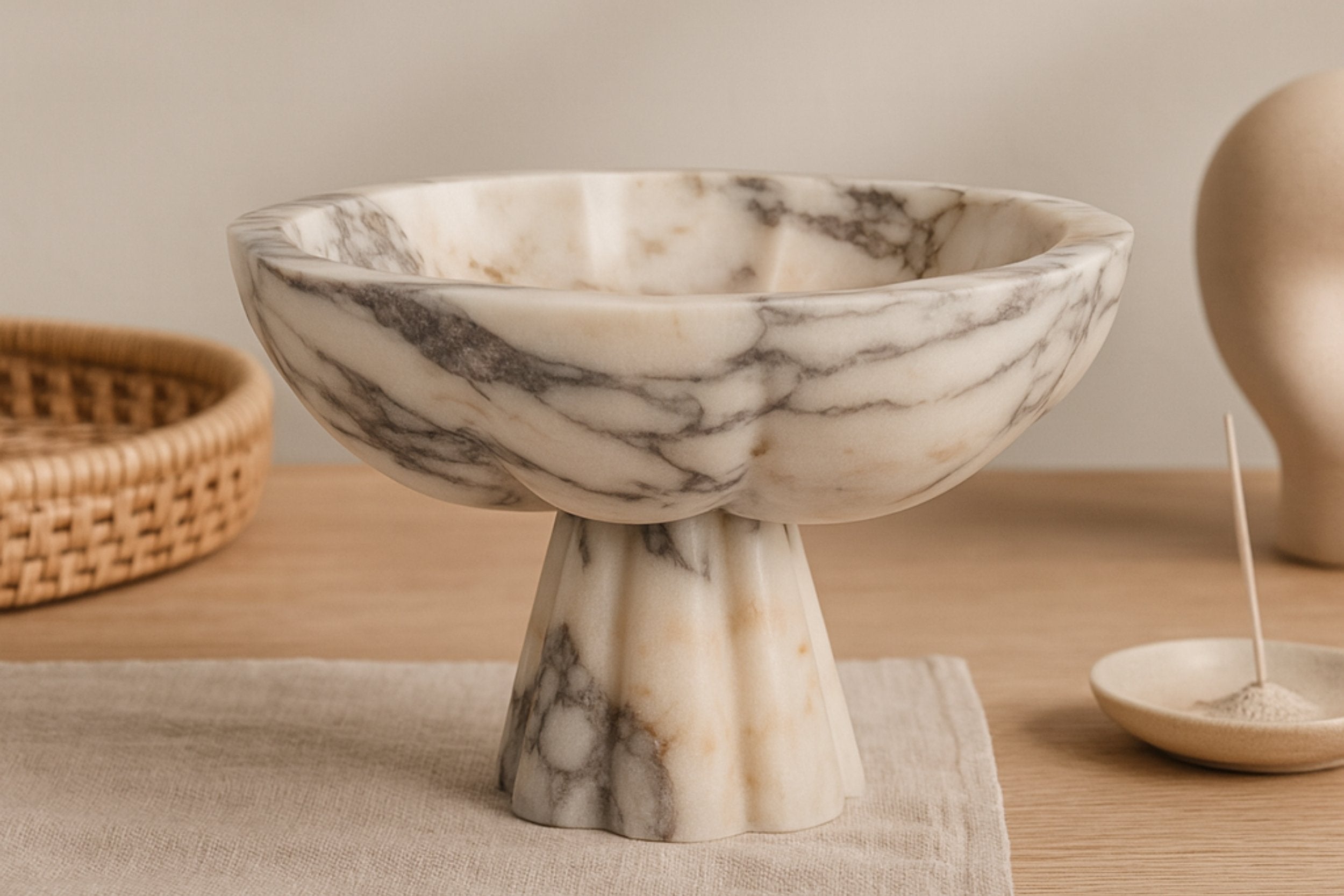 Calacatta Viola marble bowl in minimalist home décor scene — Petra Vera