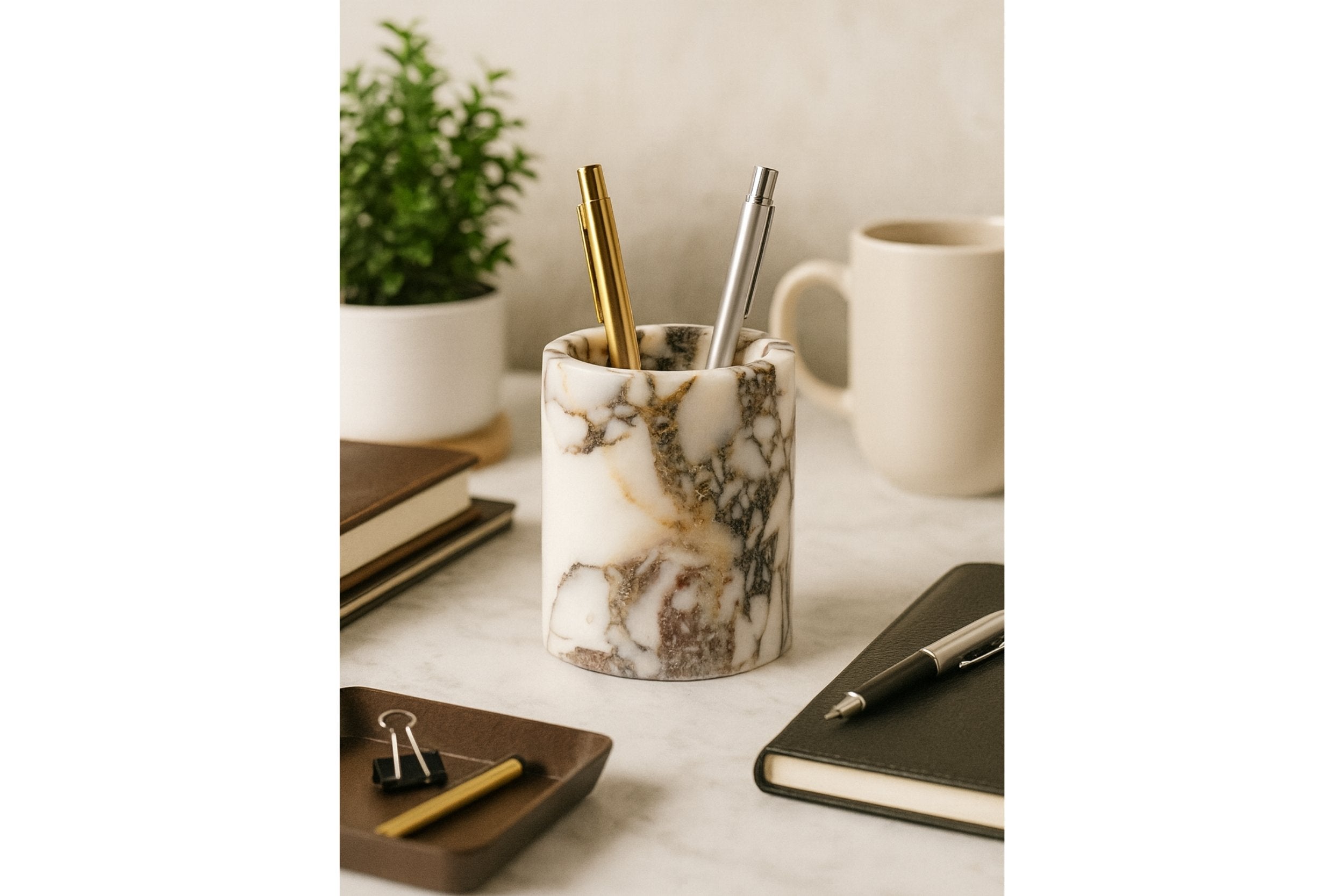 Calacatta Viola marble pen holder holding pens on wooden surface – sophisticated workspace styling, artisan craftsmanship.