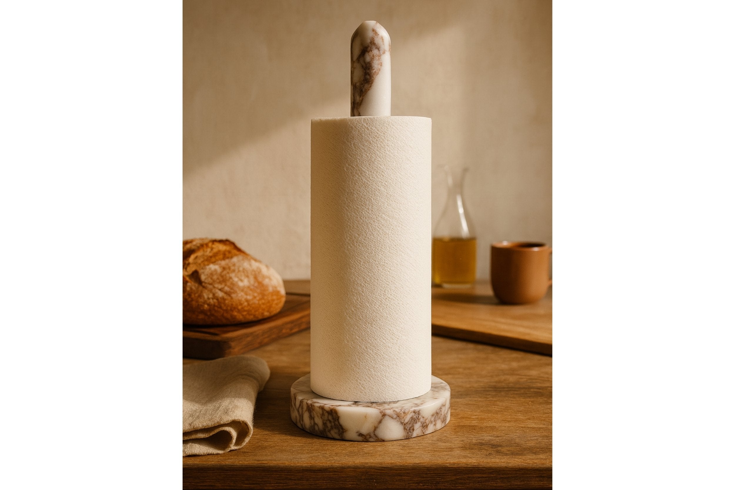 Calacatta Viola marble paper towel holder on wooden surface with minimalist décor