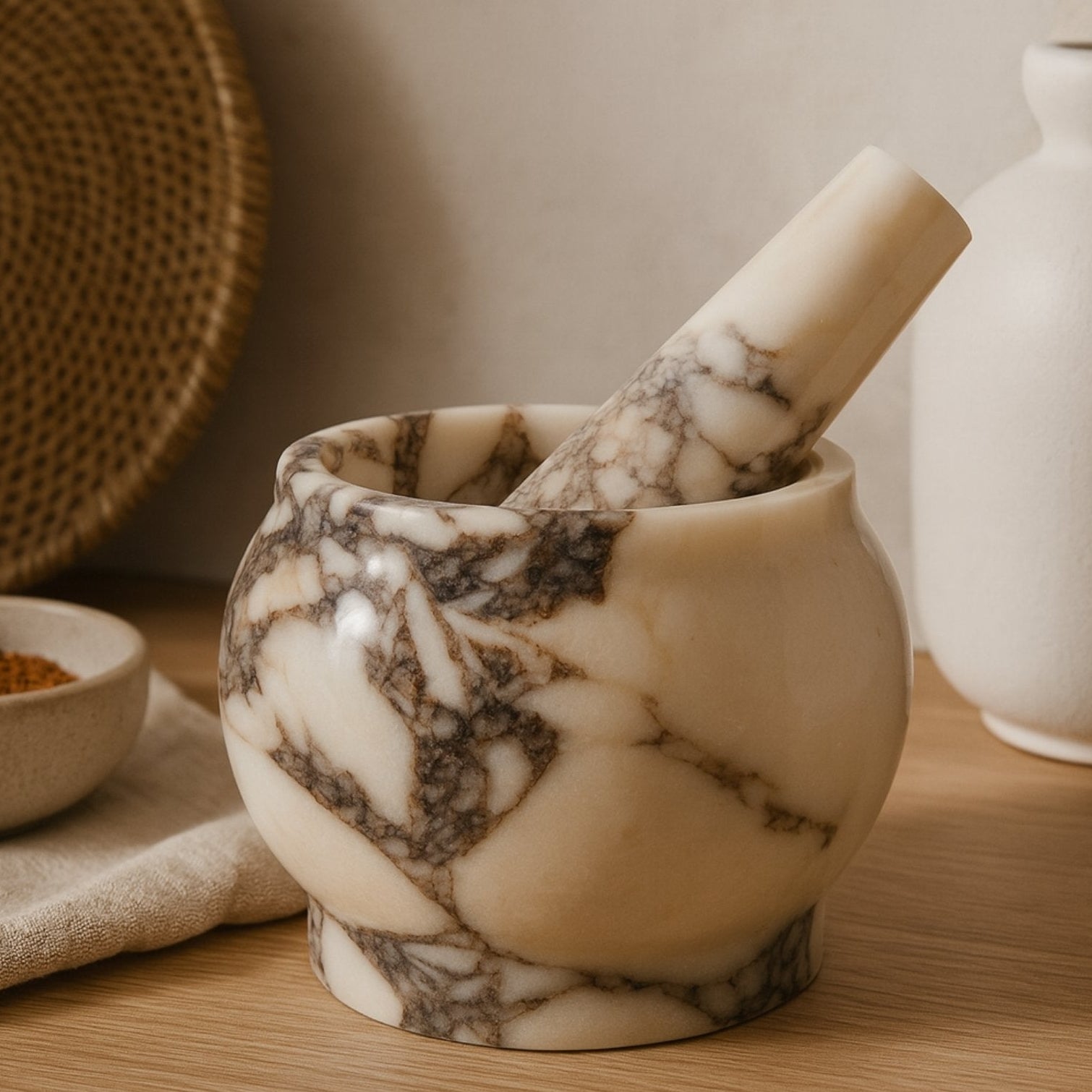 Warm-toned kitchen scene featuring marble mortar and pestle on wooden counter, artisan stonework and natural texture.