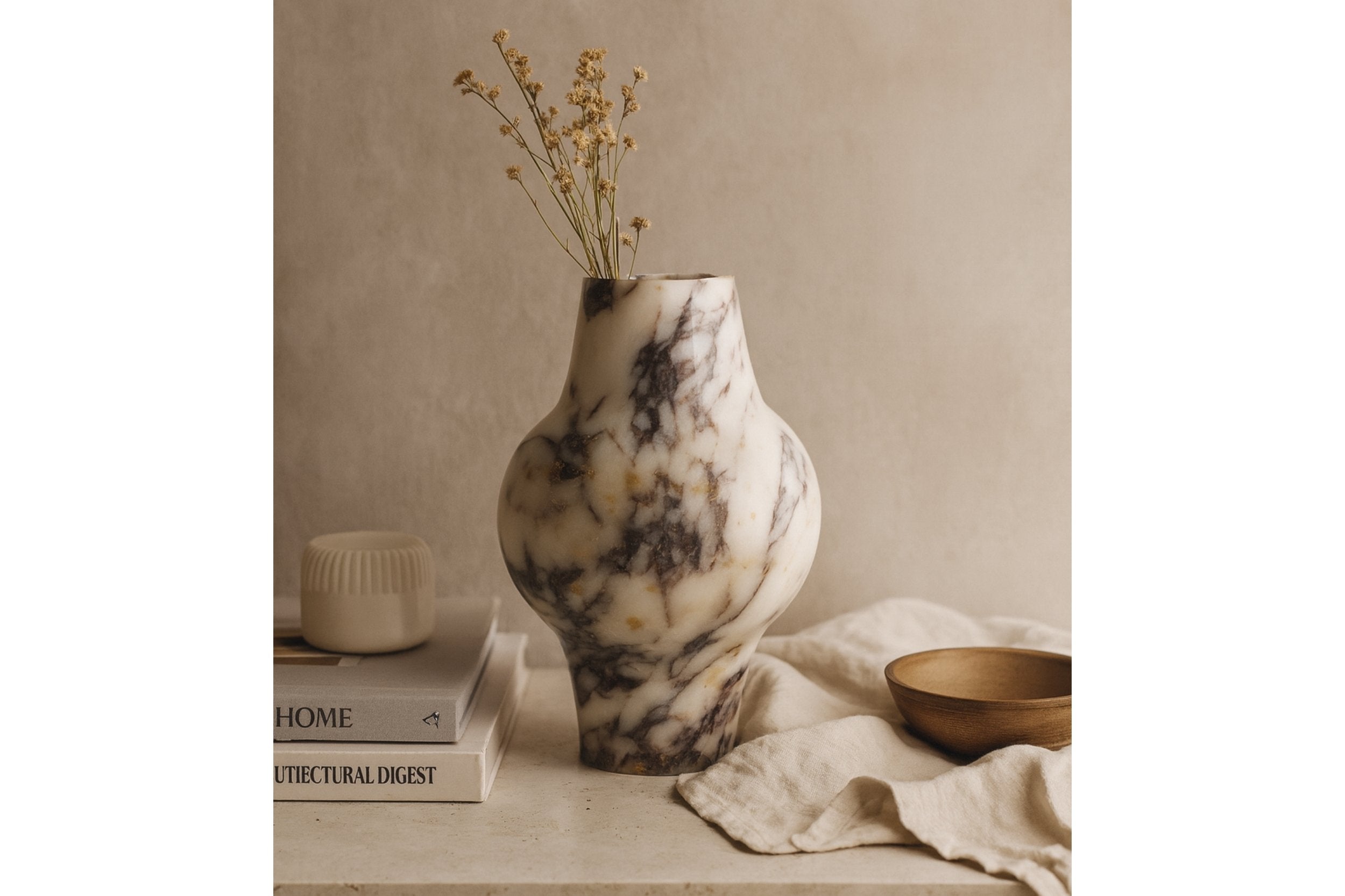 Calacatta Viola marble vase with dried flowers on a travertine surface in warm natural lighting.