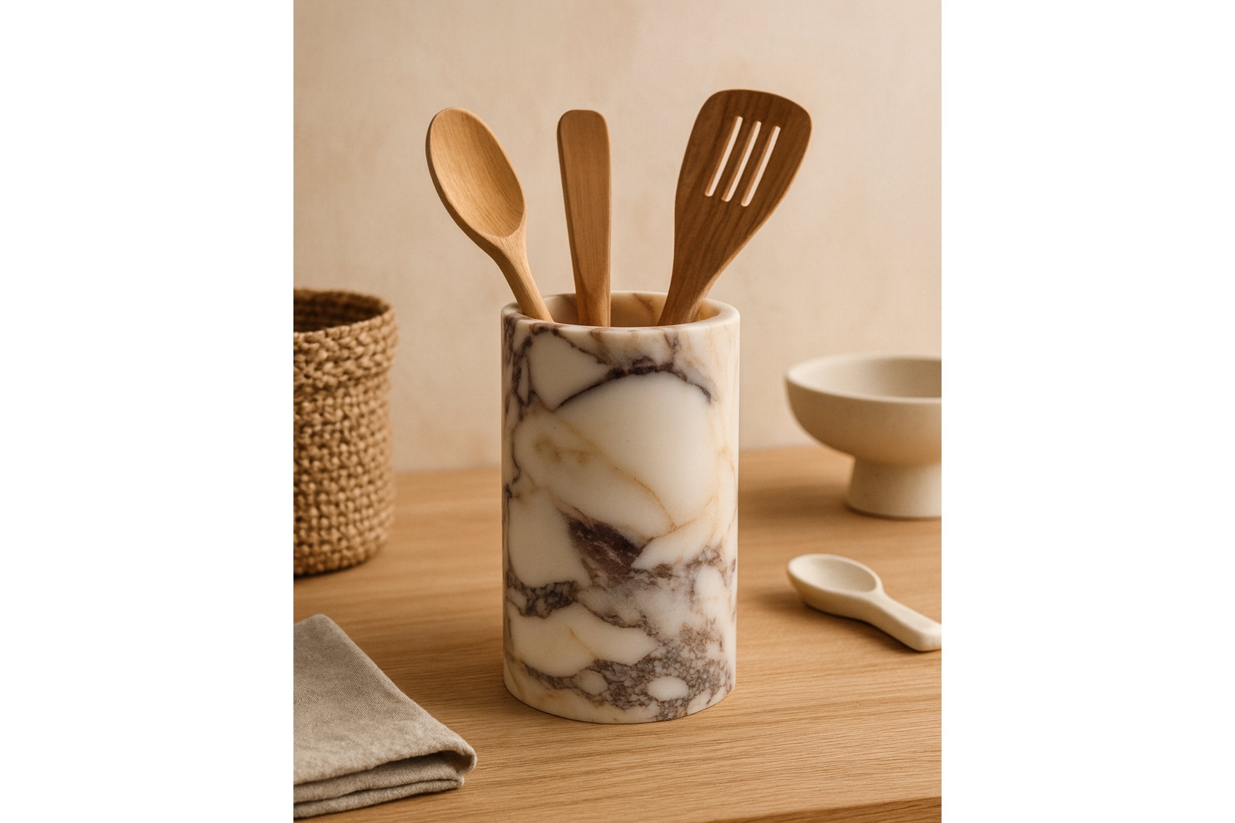 Calacatta Viola marble utensil crock holding wooden spoons in minimal Japandi-inspired interior