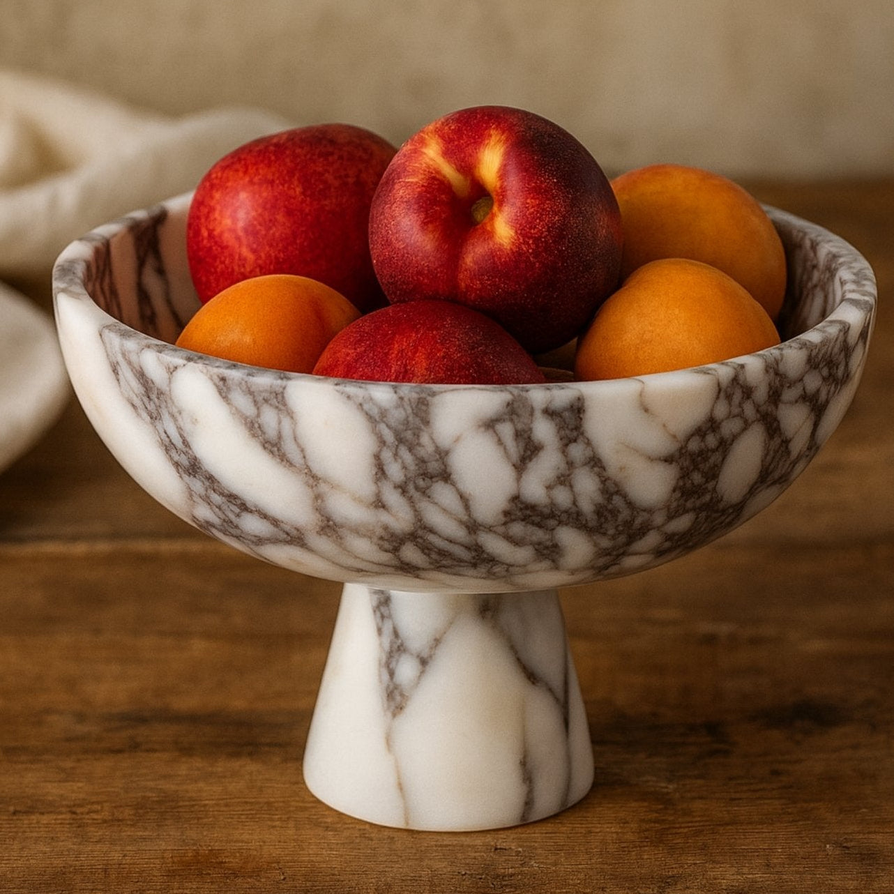 calacatta viola marble pedestal bowl filled with fresh peaches and apricots on rustic wooden table, warm natural light setting