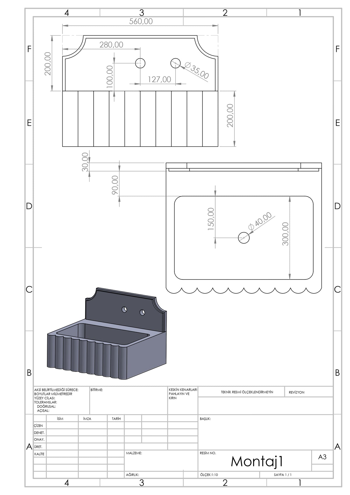 Technical drawing of custom wall mounted stone sink with dimensions, basin layout and backsplash details
