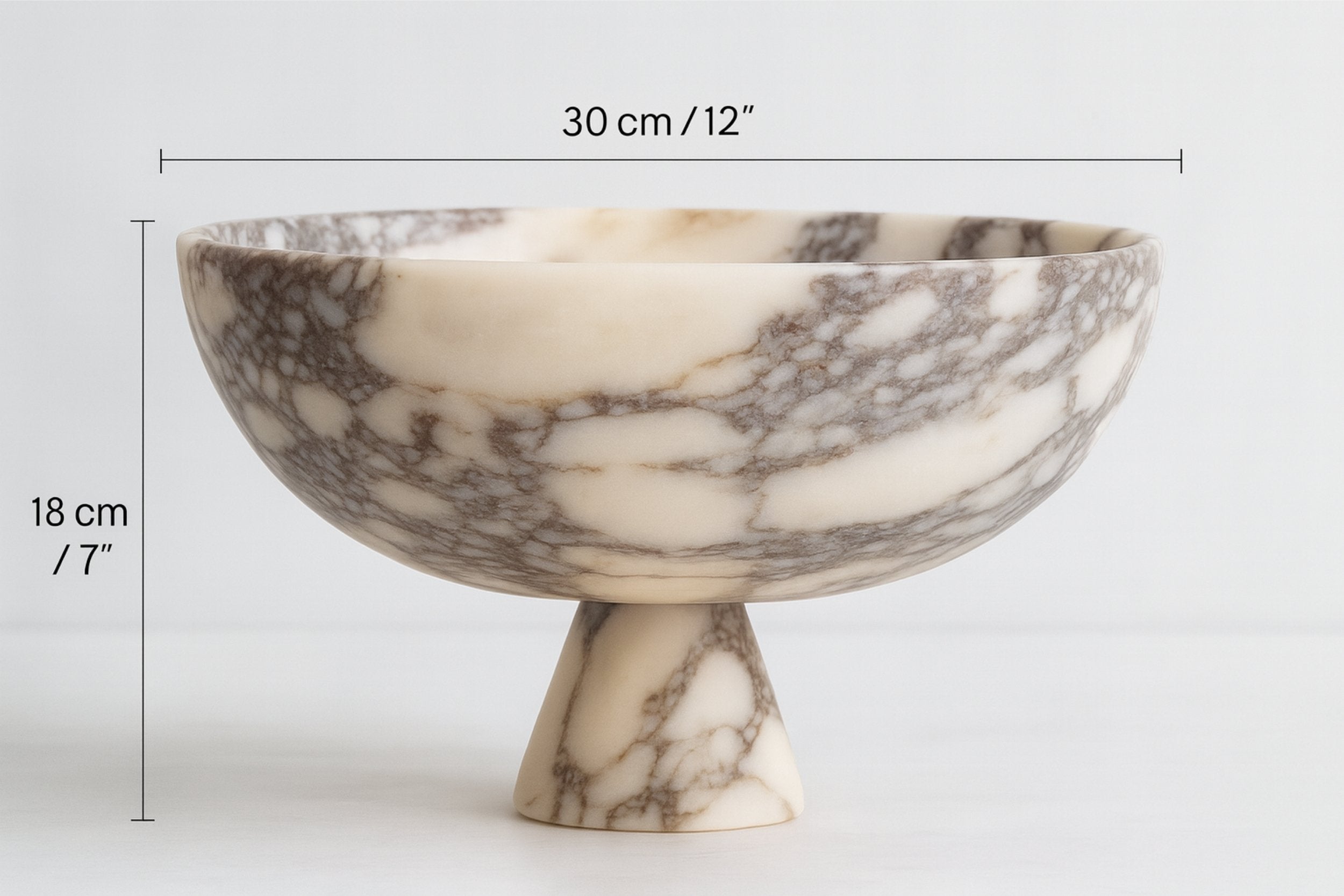 Dimension image showing Calacatta Viola marble pedestal bowl – 30 cm (12”) diameter and 18 cm (7”) height, handmade by Petra Vera.