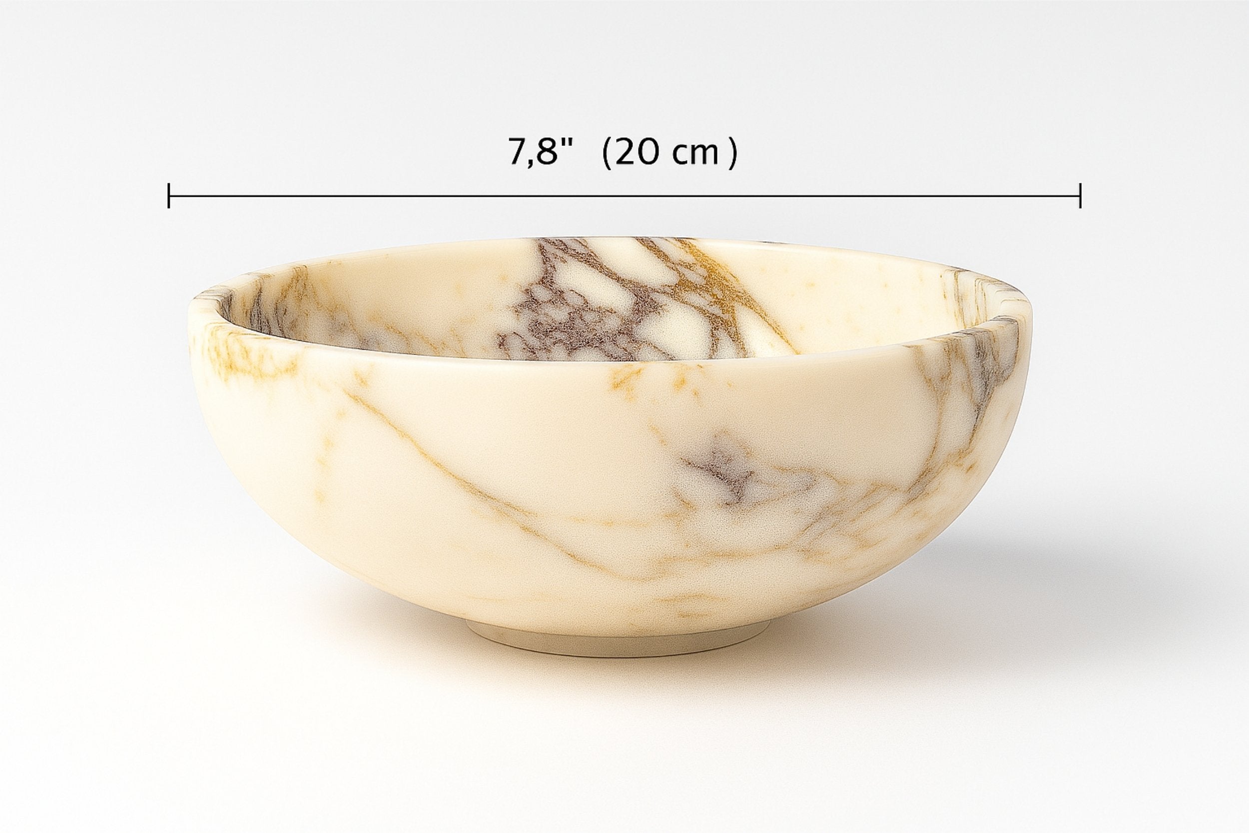 Calacatta Viola marble bowl with visible size dimensions 20 cm (7.8 inches) diameter, perfect as a decorative or serving piece.