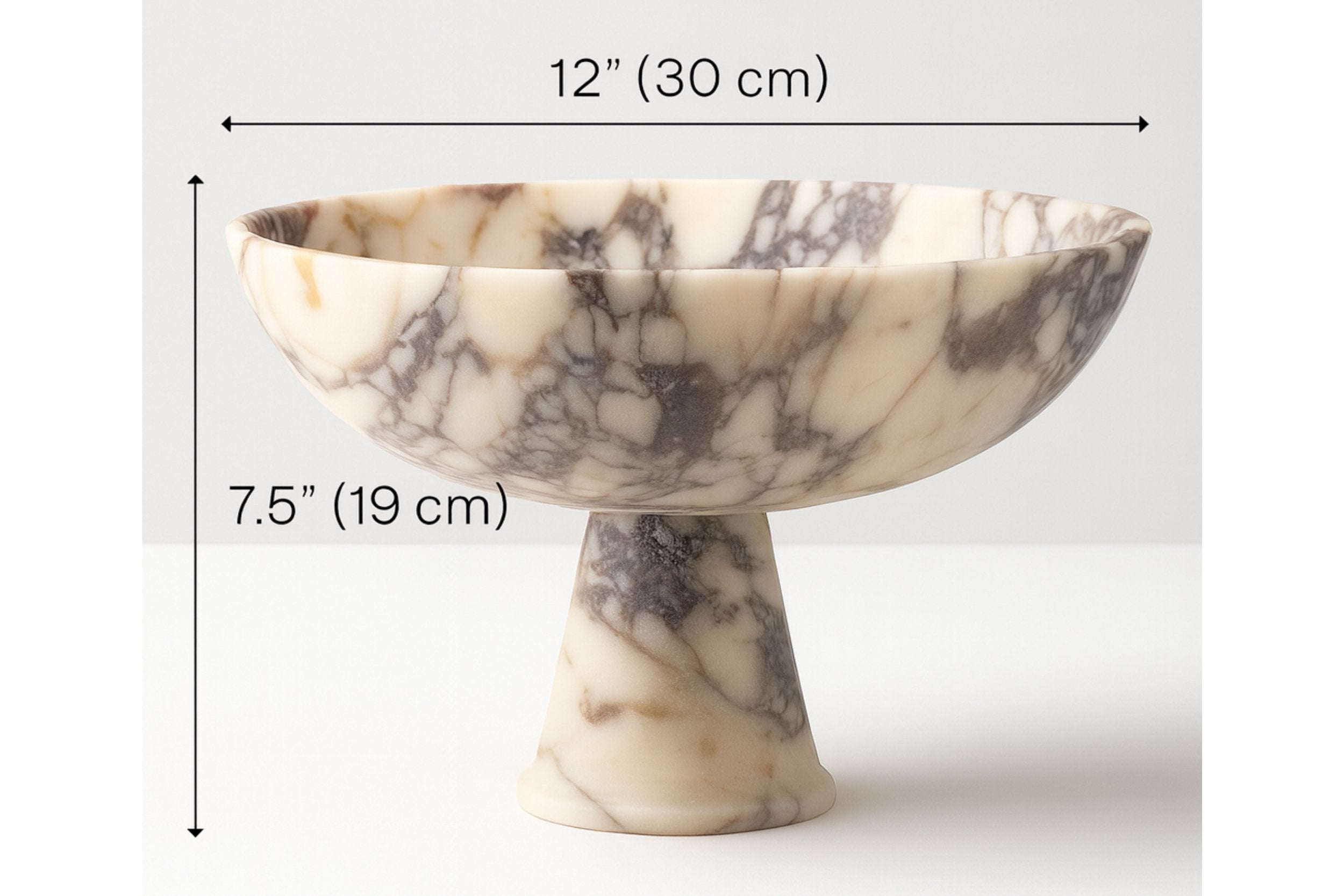 Calacatta Viola marble pedestal bowl with size dimensions 12 inch by 7.5 inch.