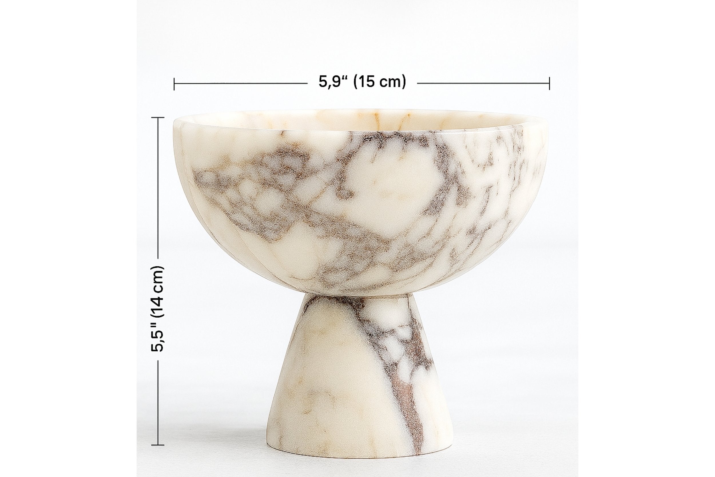 Calacatta Viola marble bowl dimensions visual – diameter 15 cm (5.9”), height 14 cm (5.5”), handcrafted from natural marble.