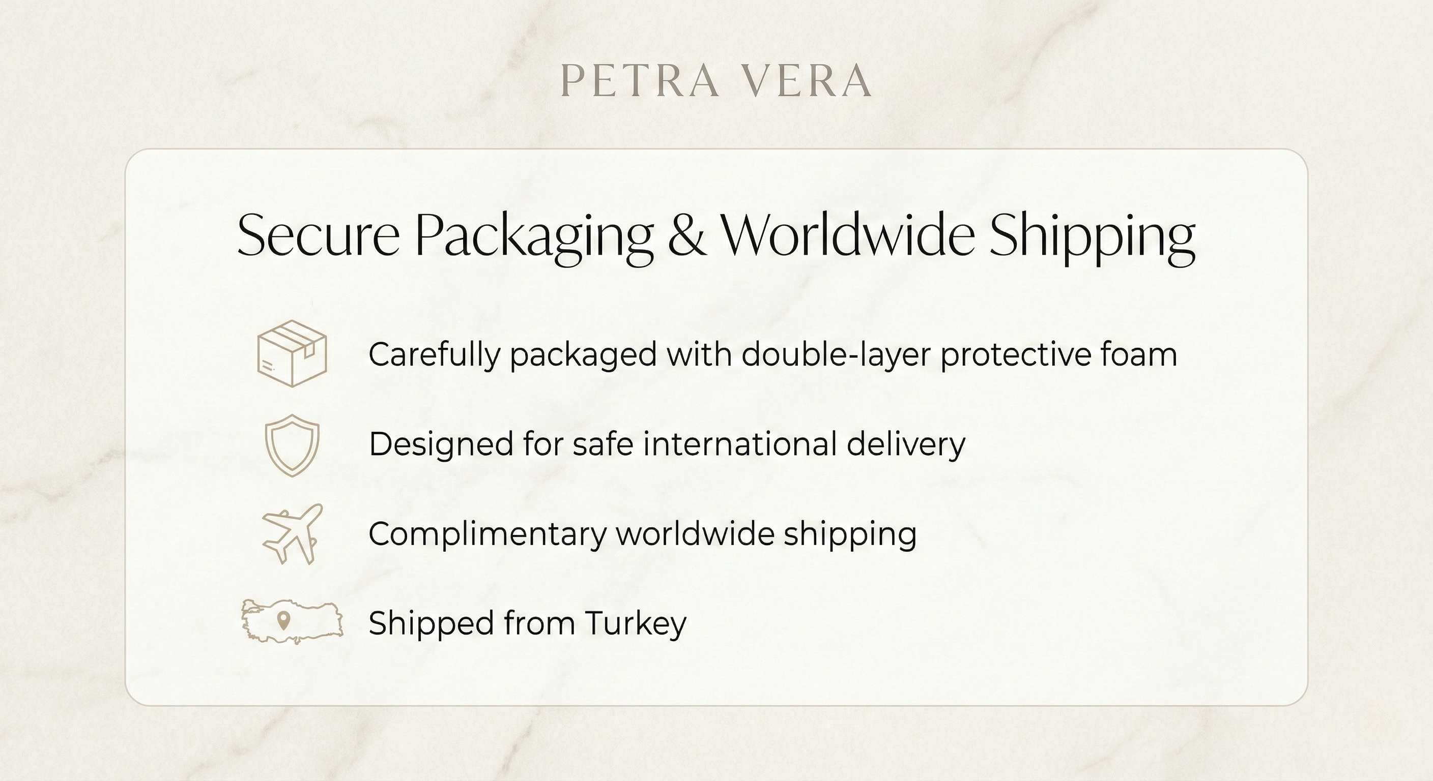 Secure packaging and worldwide shipping information for handmade marble decor products