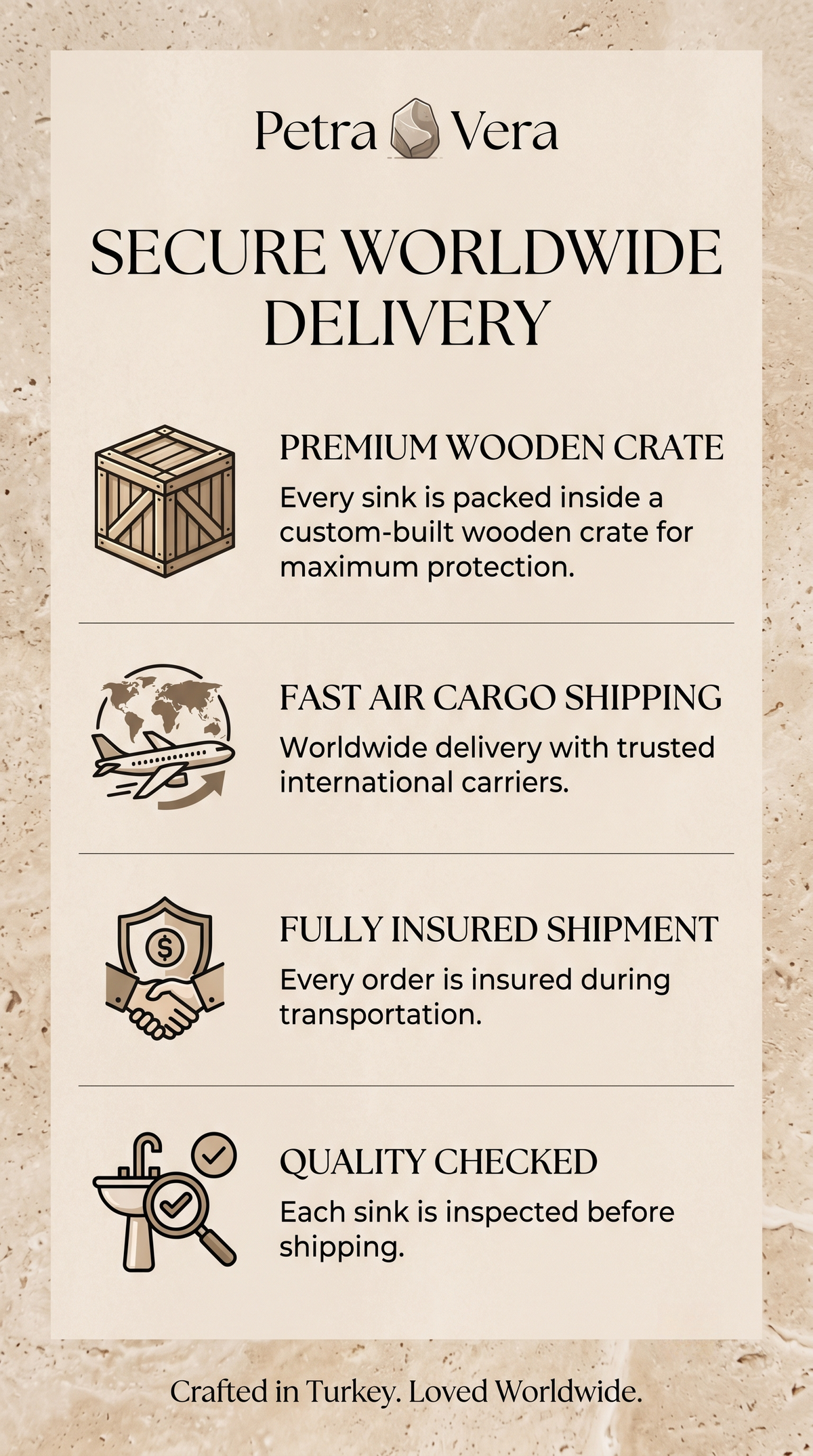 Protective packaging and international shipping information for handcrafted marble bathroom sinks by Petra Vera Studio.