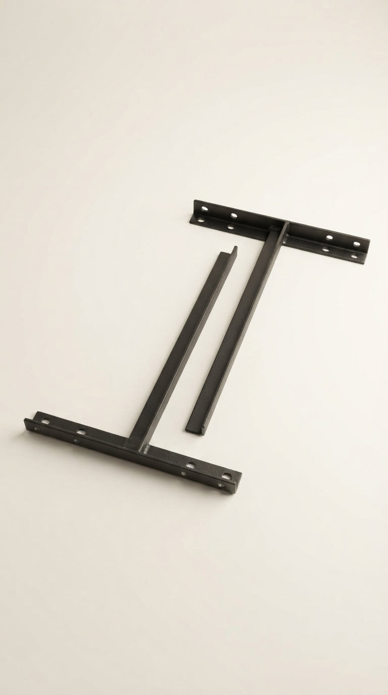 Pair of black metal T-shaped sink brackets arranged in opposite directions, showing the long support arms and mounting holes.