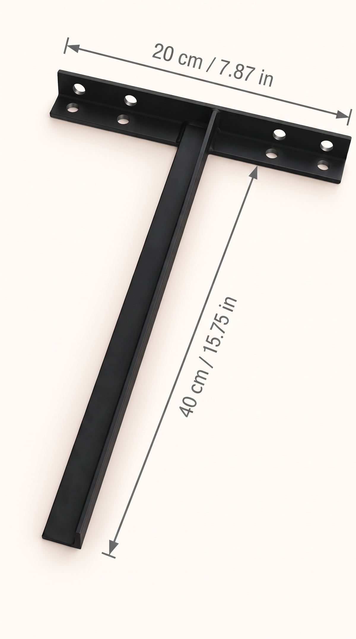 Black metal sink bracket with dimensions showing a 20 cm (7.87 in) mounting crosspiece and a 40 cm (15.75 in) support arm.
