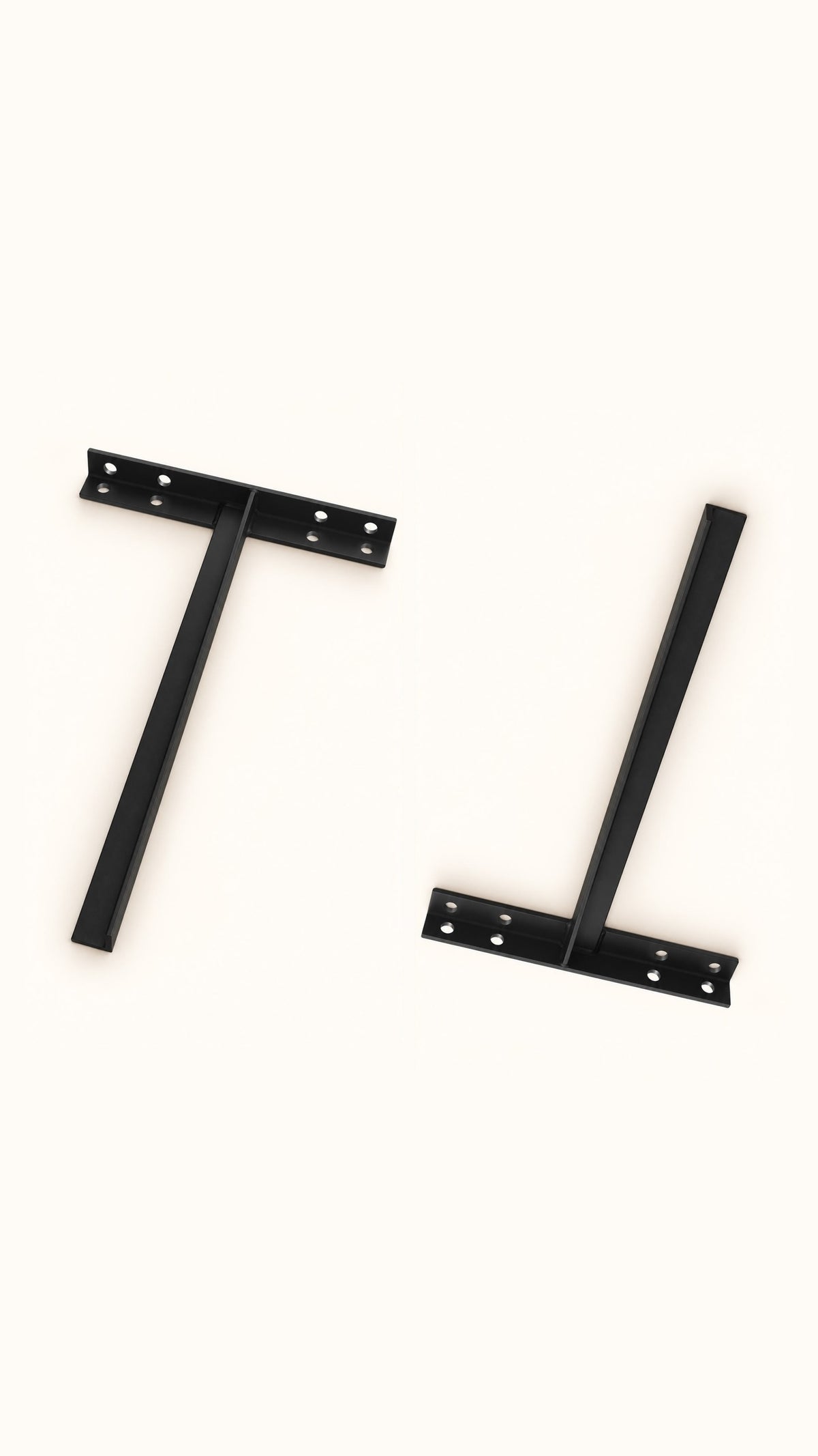 Pair of black metal sink brackets facing opposite directions, with one mounting crosspiece at the top and the other at the bottom.