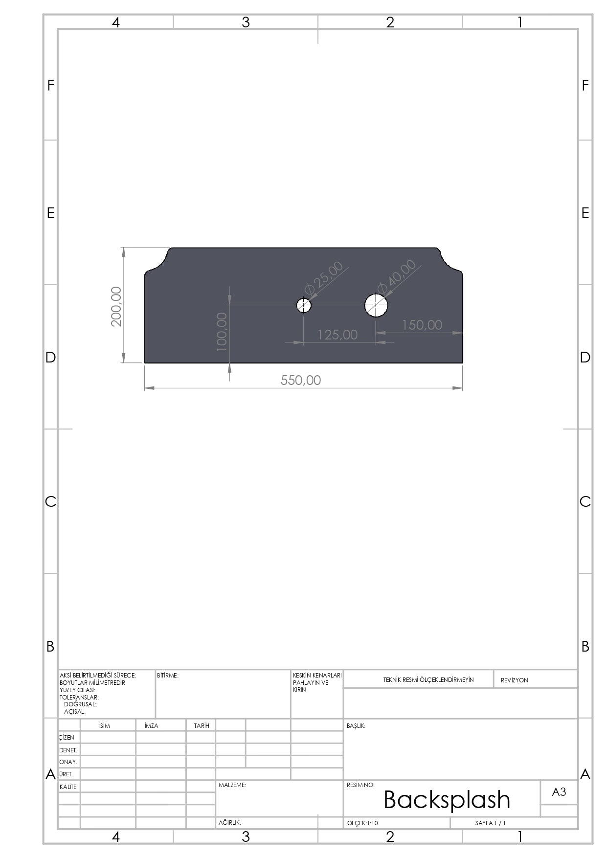 Technical drawing of integrated backsplash with faucet hole specifications and dimensions.