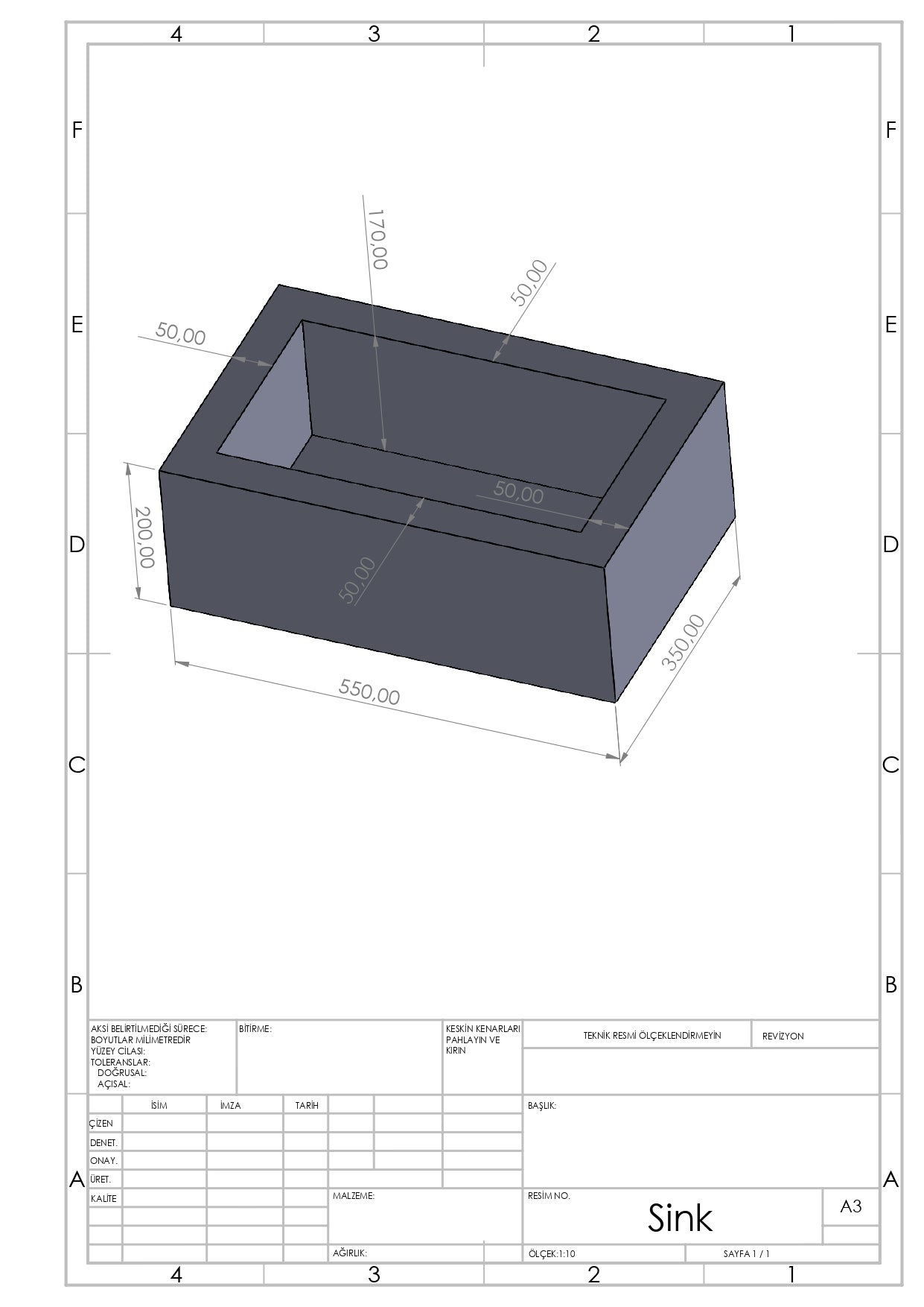 Technical drawing showing dimensions and measurements of the red travertine sink.