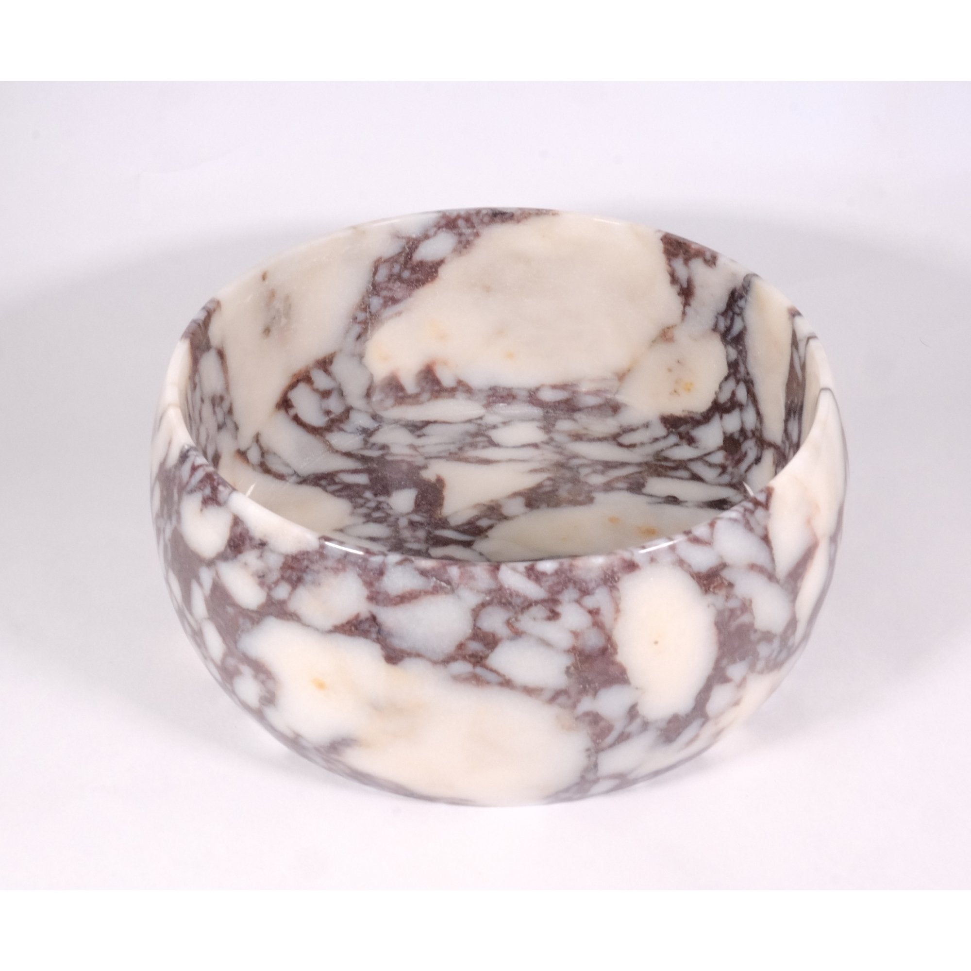 Calacatta Viola marble bowl, top view showing wide interior and natural veining pattern.