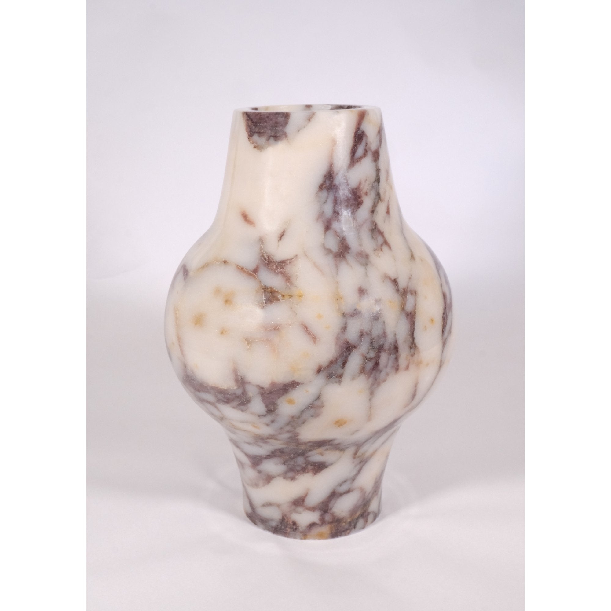 Top view of Calacatta Viola marble vase showing smooth polished rim and rich natural veining.
