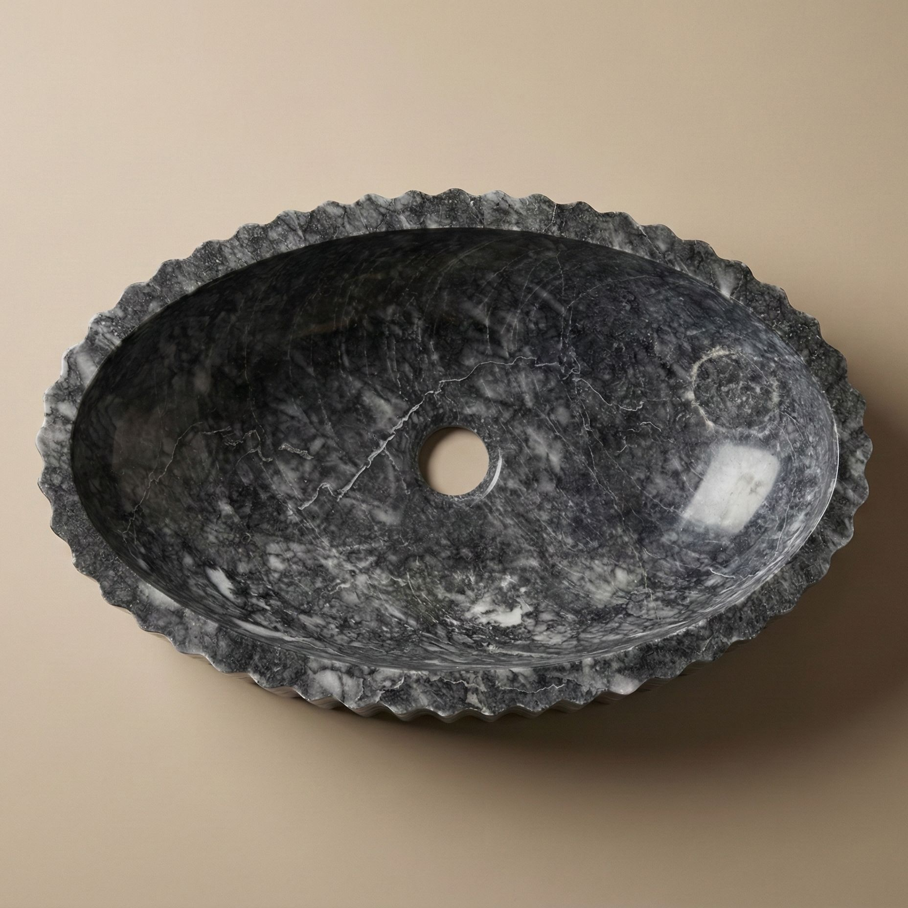 Top view oval fluted marble vessel sink dark grey natural stone basin