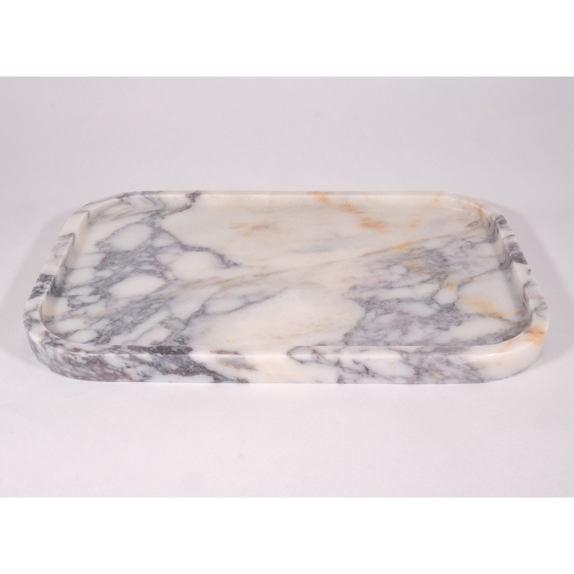 Top view of Calacatta Viola marble tray showing natural violet and gold veining patterns