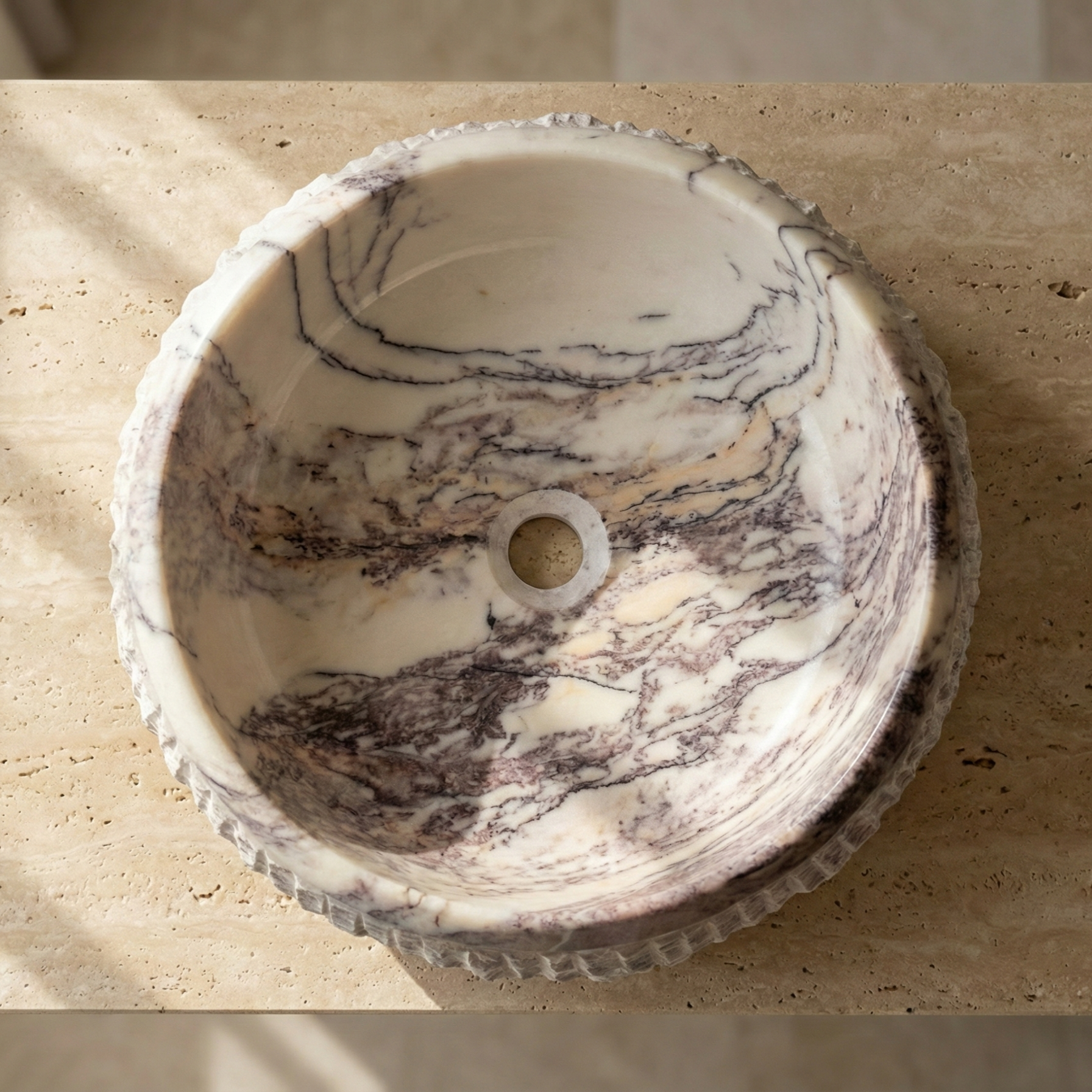 top view lilac marble vessel sink natural stone basin