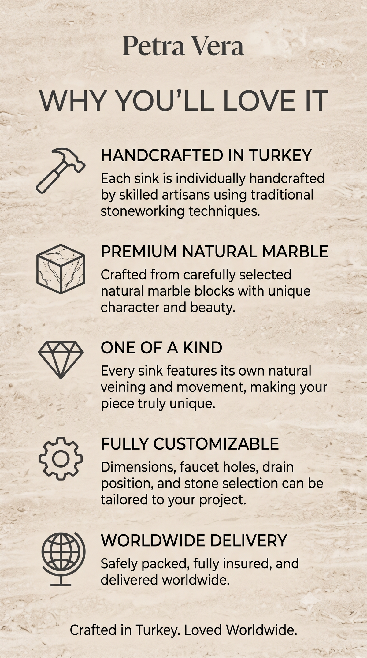 Key features of Petra Vera handcrafted natural stone sinks for luxury bathroom projects