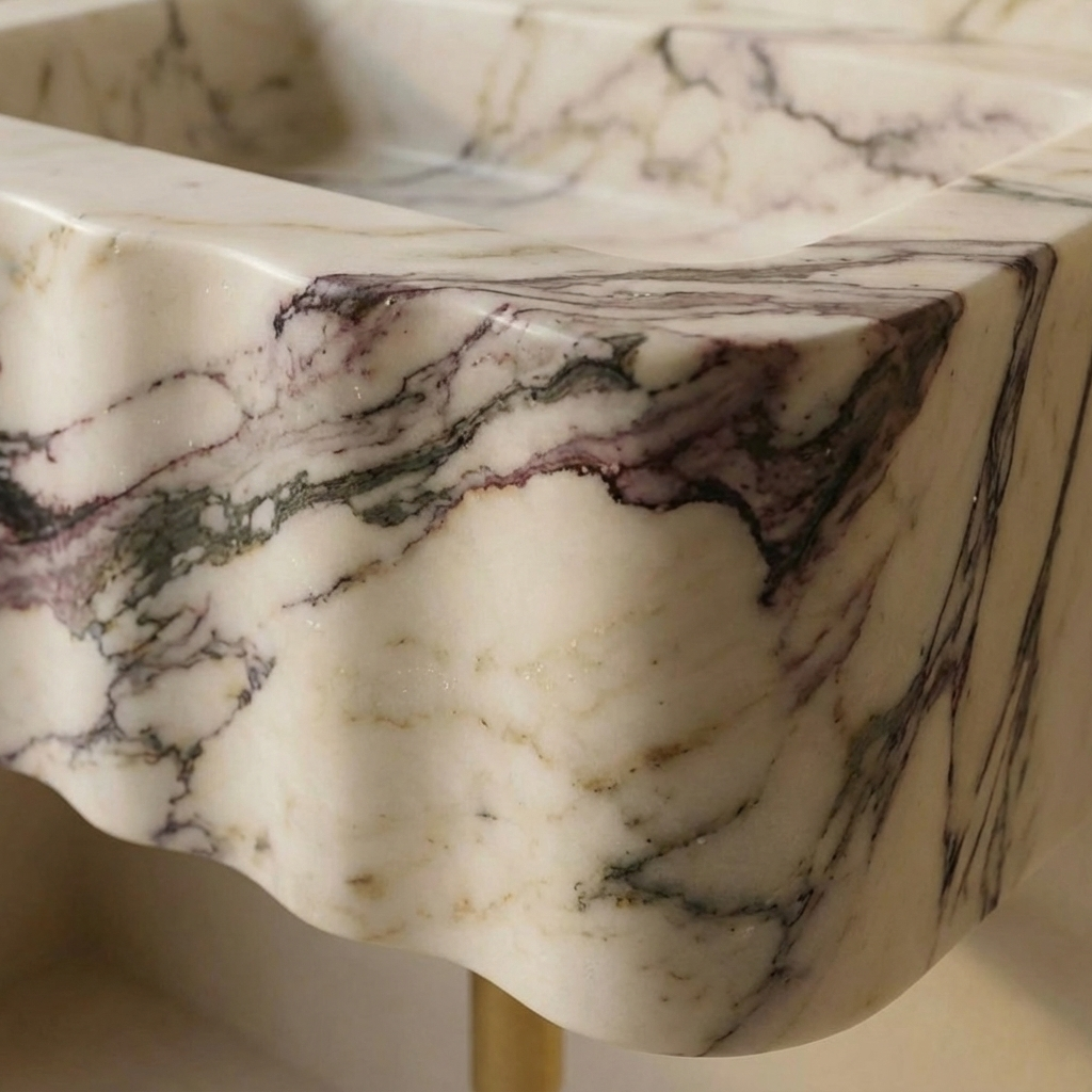 Close-up detail of Calacatta Viola marble sink showing natural veining and polished surface finish