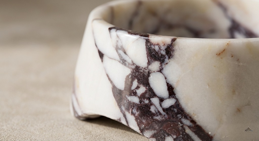 calacatta viola marble pet bowl close up natural stone texture
