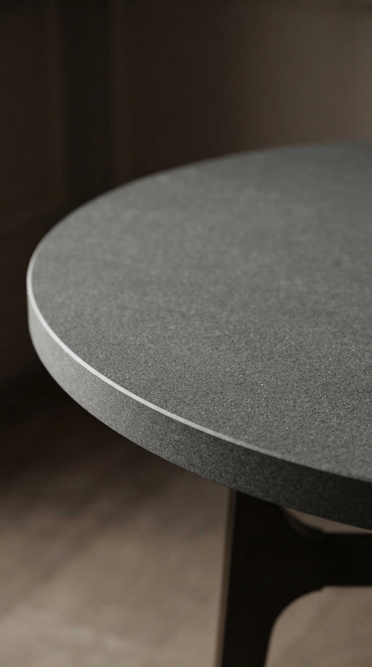 Close-up of the textured surface and precision-finished edge of a Pietra di Cardoso Grigio porcelain tabletop