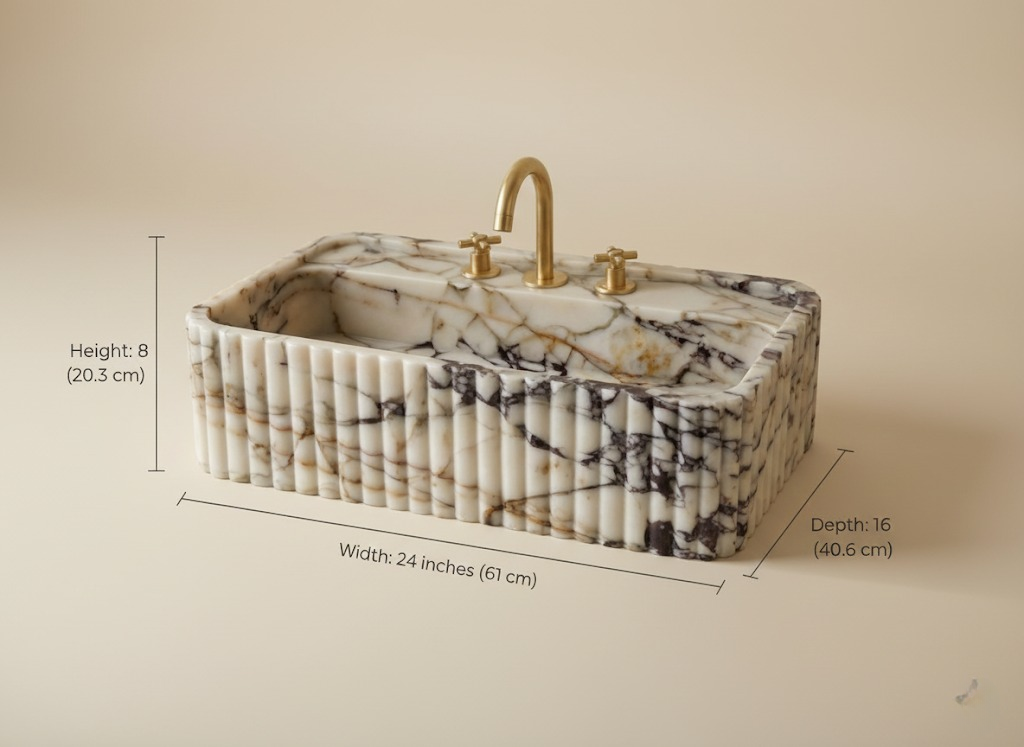 Dimensions of handcrafted Calacatta Viola marble bathroom sink, showing width, depth, and height measurements
