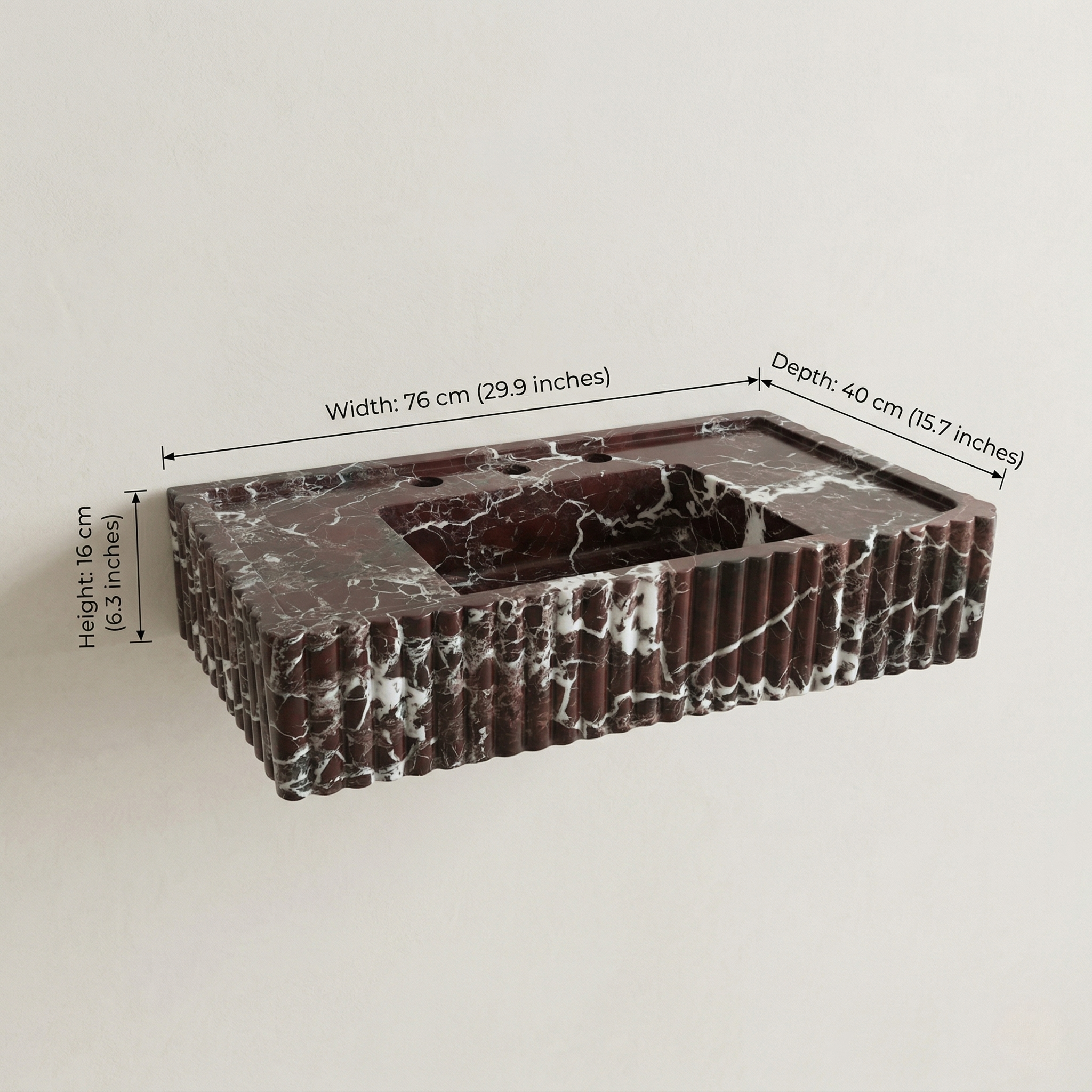 hand carved fluted marble sink texture Rosso Levanto natural stone detail